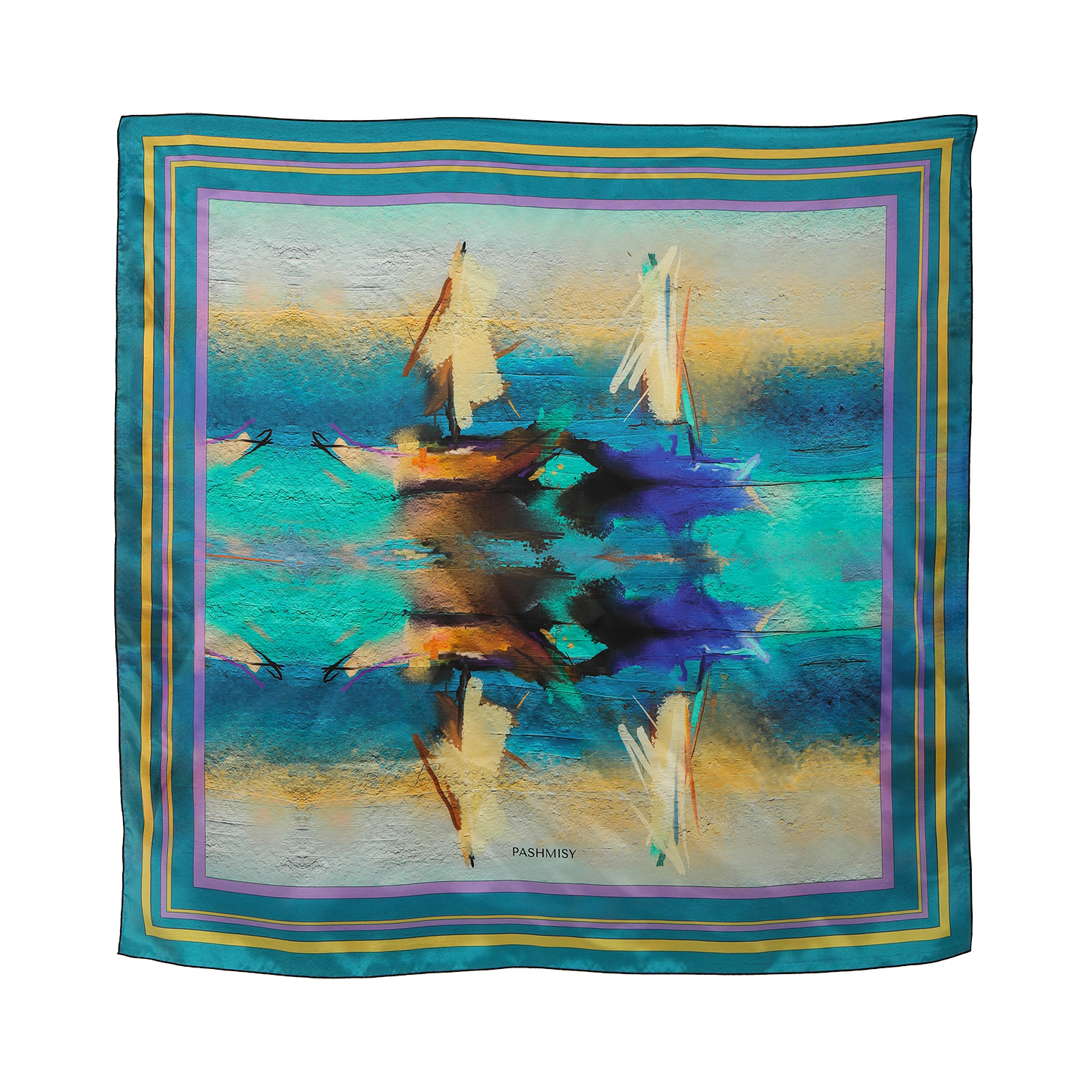 Women’s Gold / Green / Blue Impressionism Floating Boats Scarf One Size Pashmisy