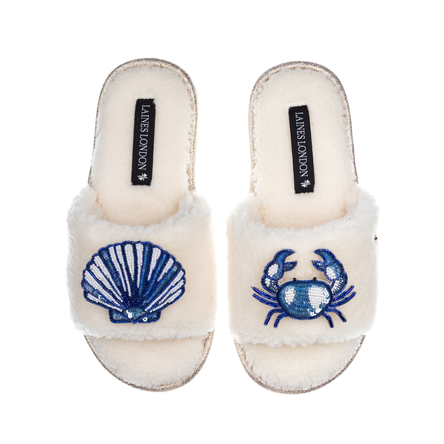Laines London Women's White Teddy Toweling Slipper Slider With Mediterranean Shell & Crab Brooches - Cream In White