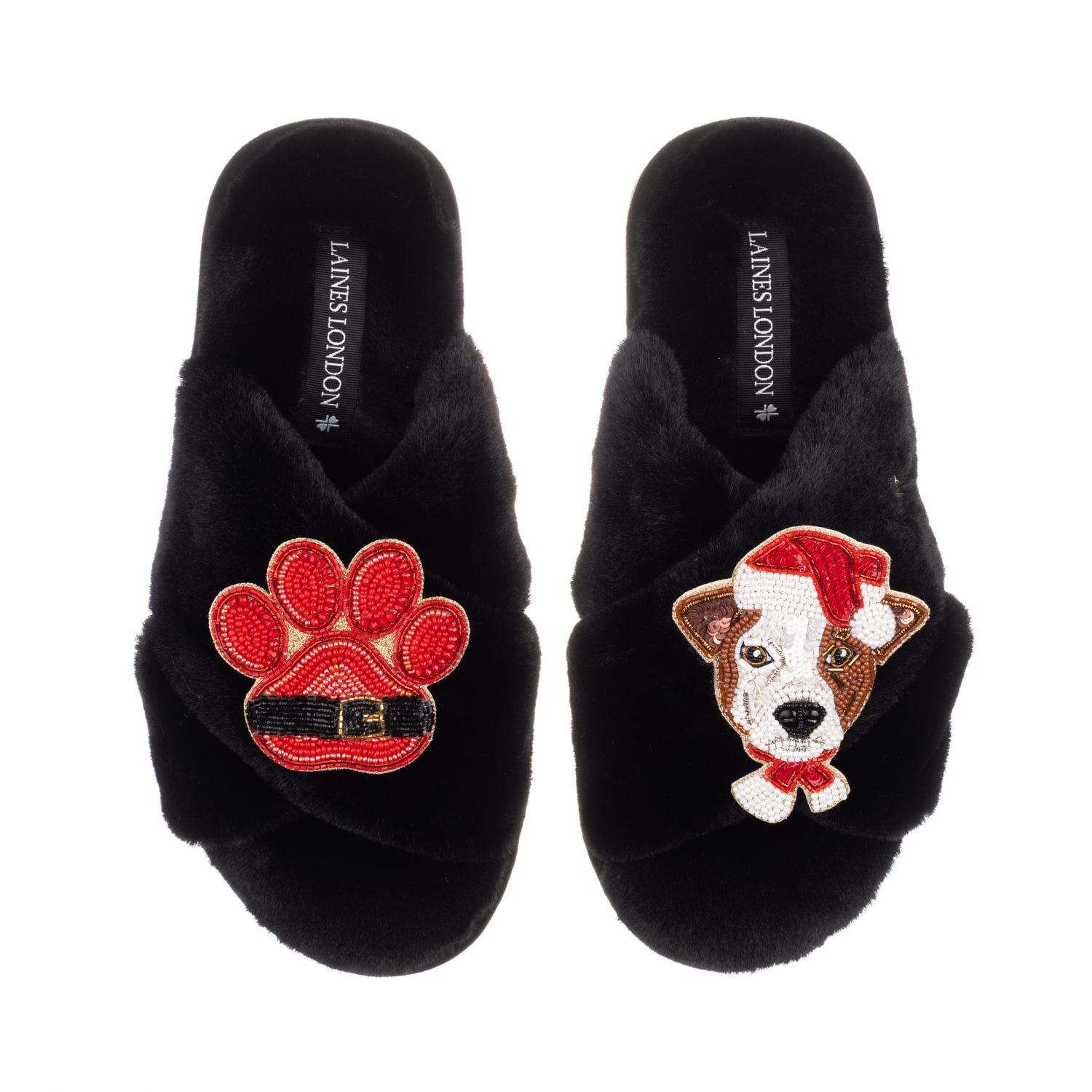 Laines London Women's Classic Slippers With Christmas Jack Russell & Paw Brooches - Black In Black