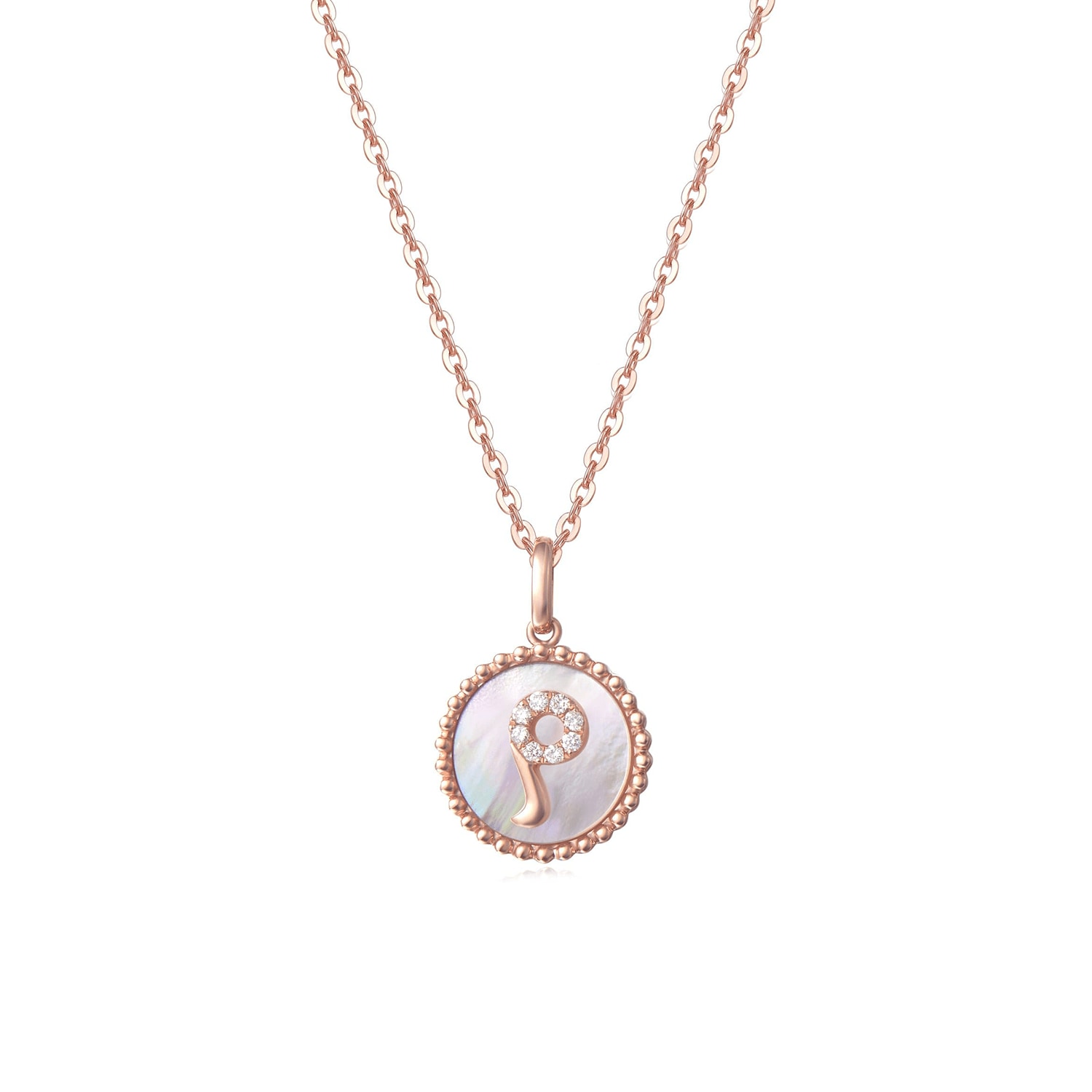 Fanci Me Women's "p" Initial Letter Mother Of Pearl And Diamond Round Disc Solid Rose Gold Necklace - Rose Go