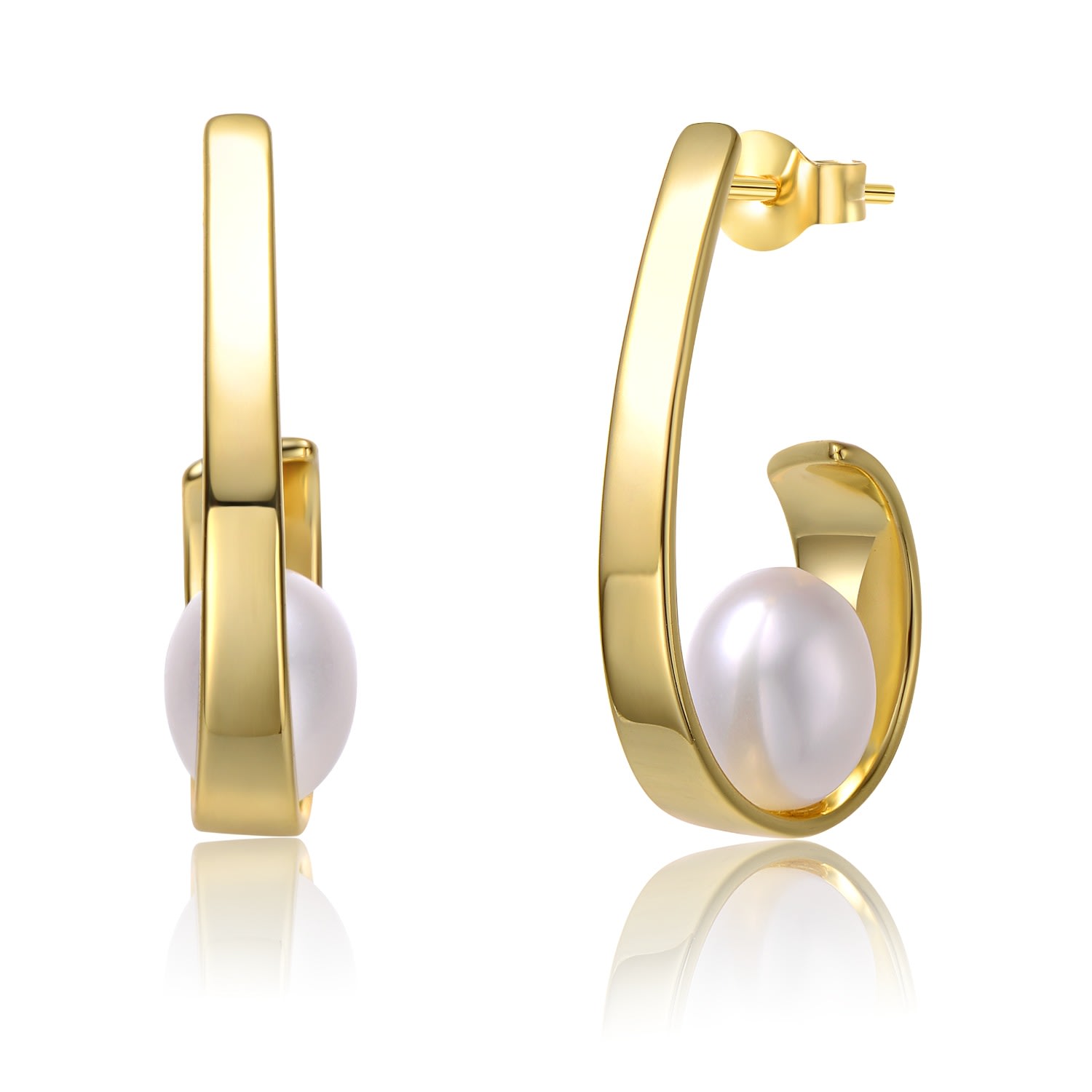 Women’s Sterling Silver Yellow Gold Plated White Pearl Ribbon Half-Hoop Drop Earrings Genevive Jewelry