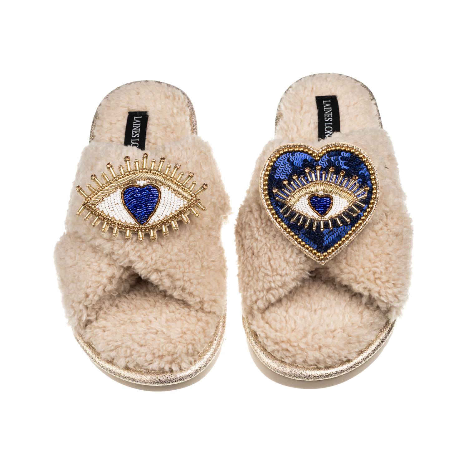 Laines London Women's Brown / Neutrals Laines Neutral Boucle Slippers With Double Love & Heart Eye Brooches - Oatm