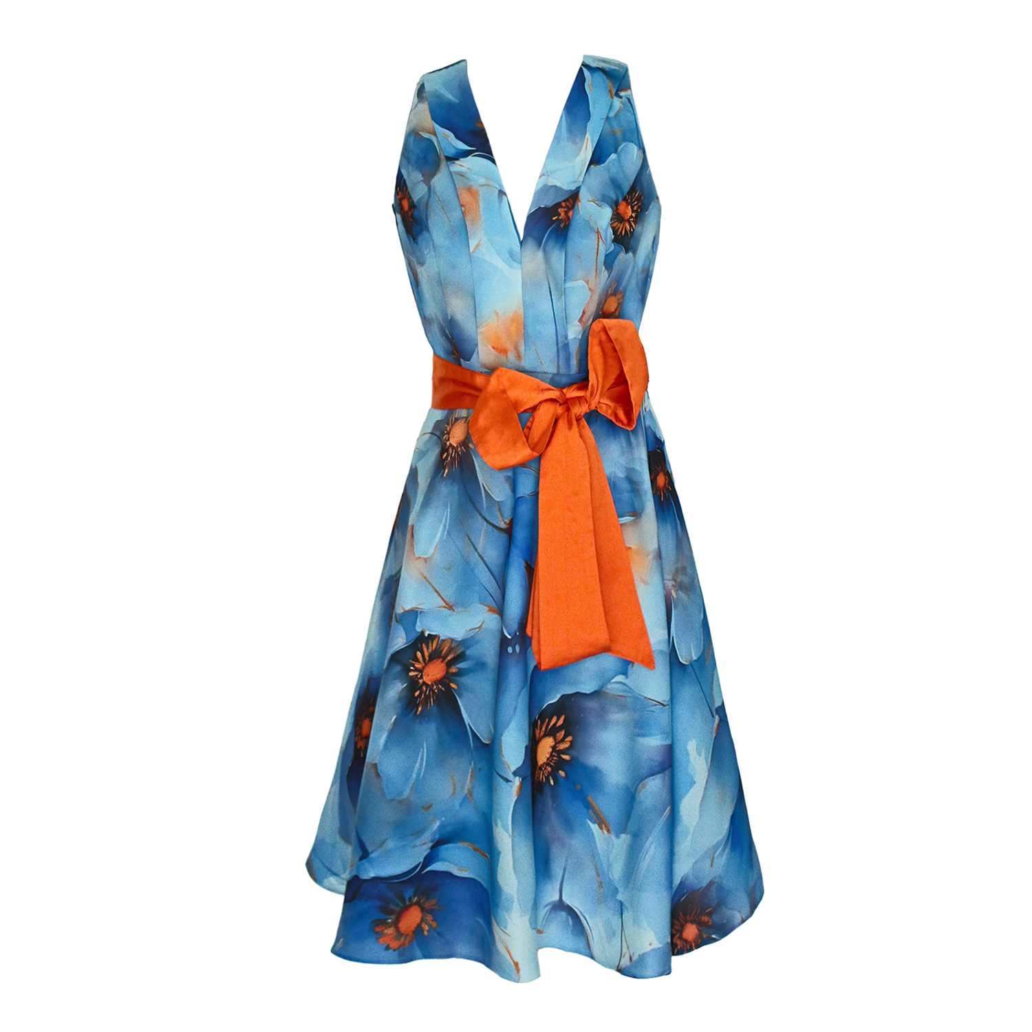 Sunset Bloom Blue Floral Dress With Orange Belt | Richa