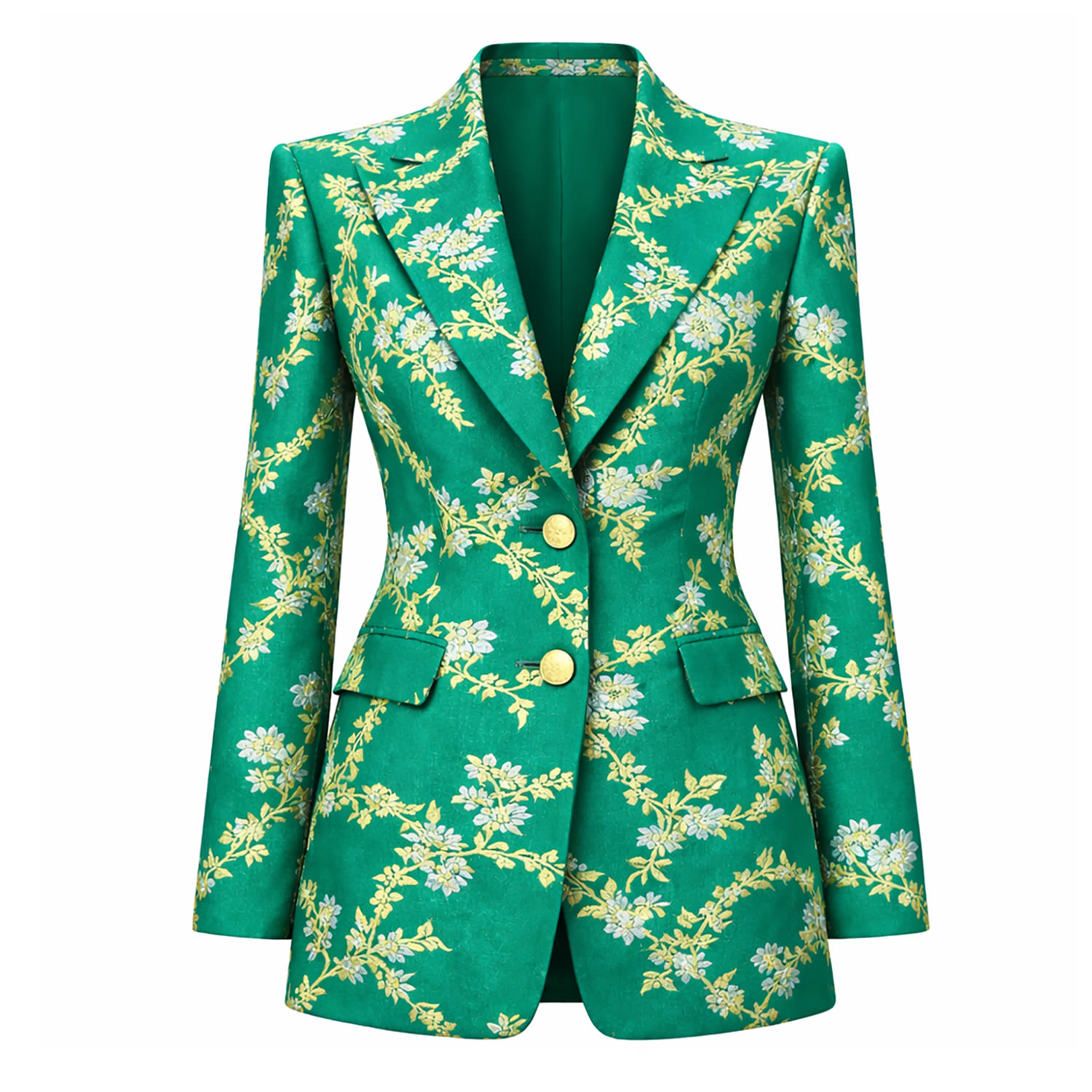 Richa Sharma Women's Green / Gold / Silver Luxury Handcrafted Emerald Silk Brocade Blazer With Gold Floral Motifs