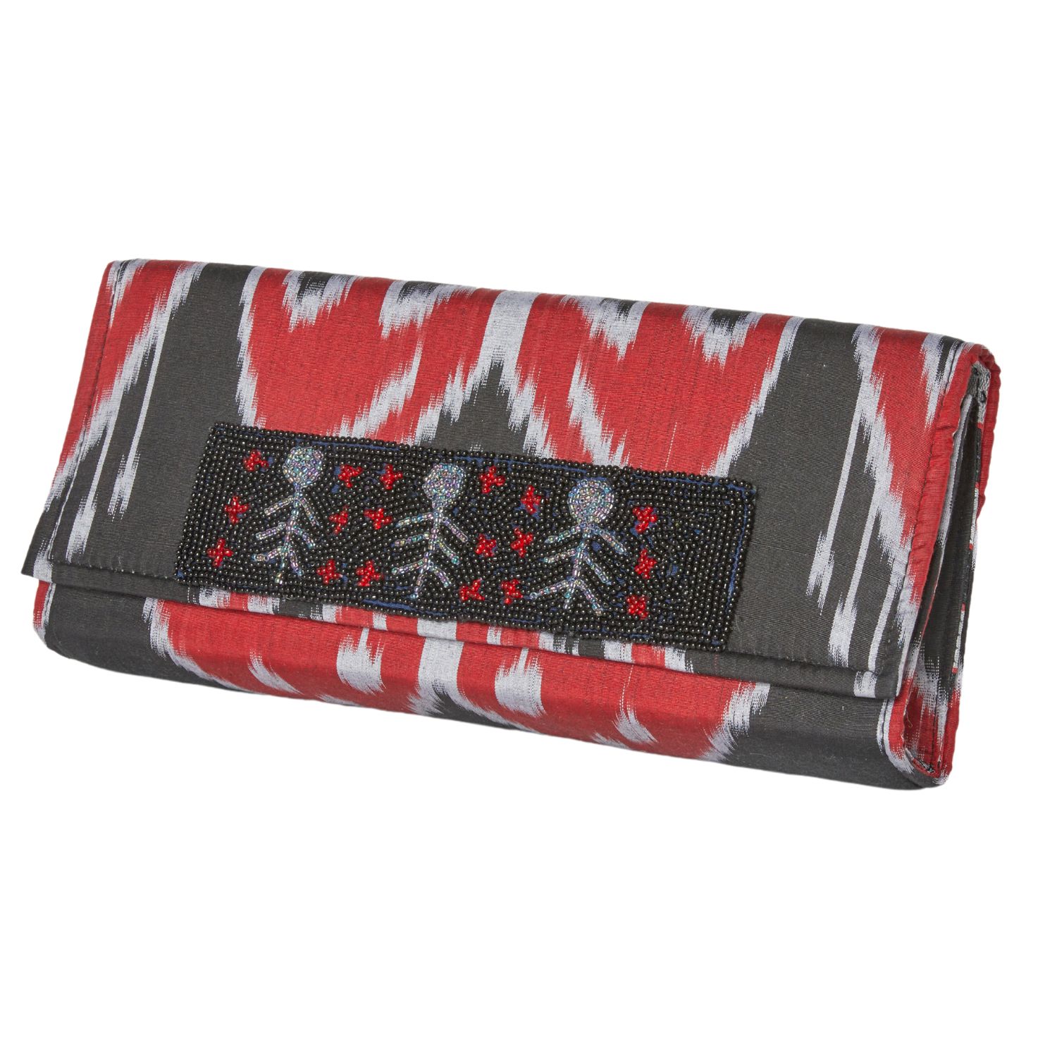 Women’s Black / Red / Silver Du Monde Collection - Athens Silk Ikat Clutch - Black, Red, Silver Larkin Lane