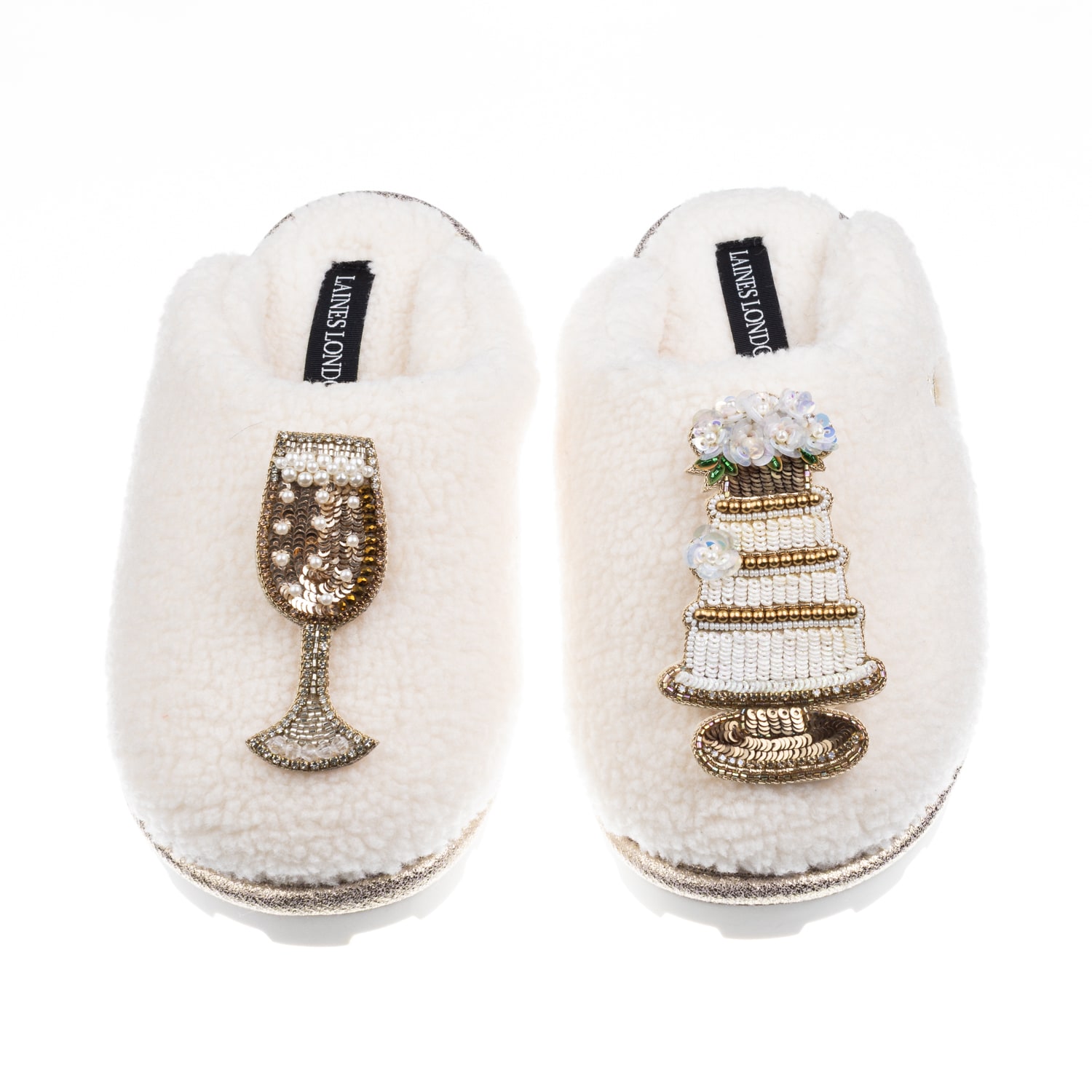 Laines London Women's Neutrals / White Teddy Closed Toe Slippers With Champers & Wedding Cake Brooches - Cream In White