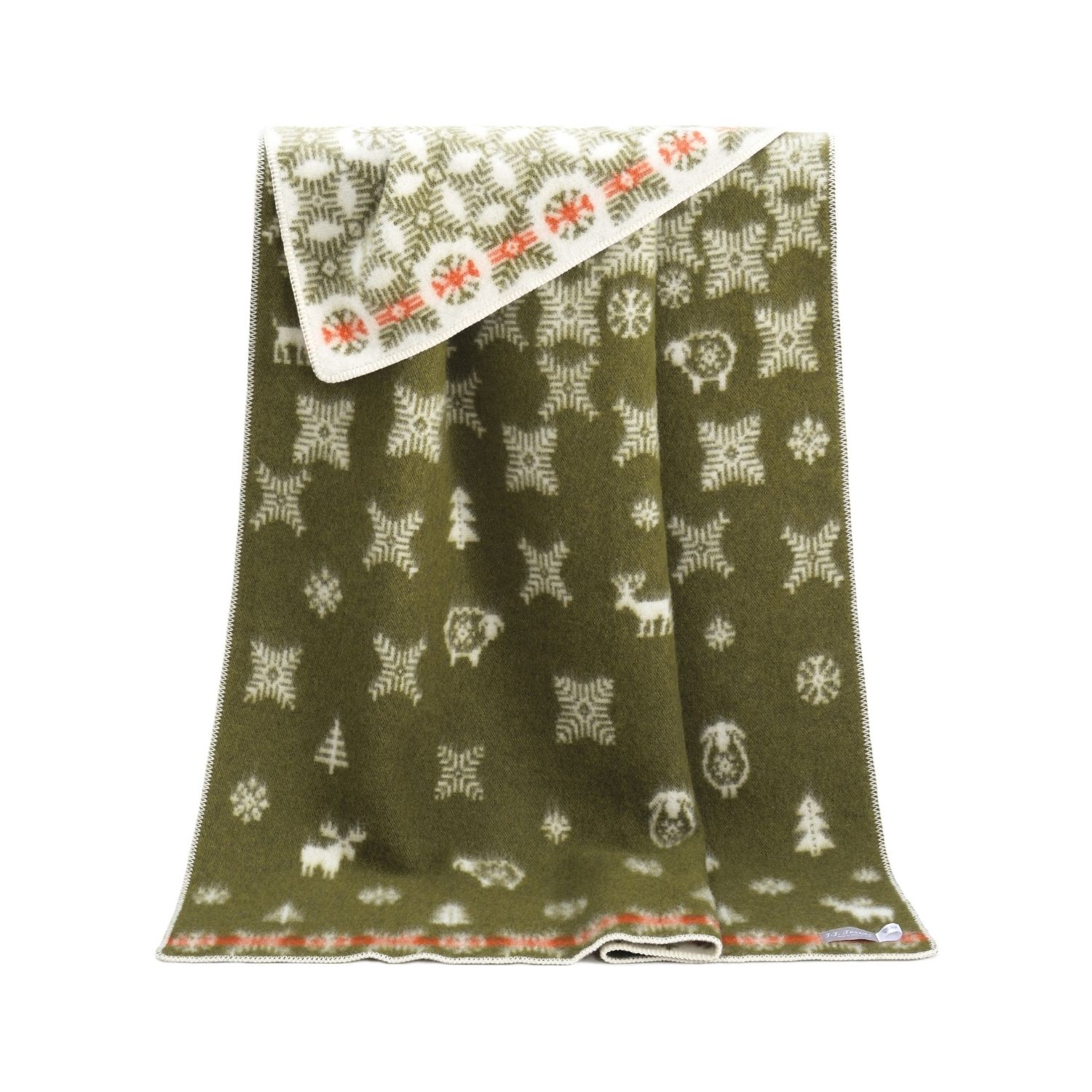 J.j.textile Green / White / Red Winter Forest Wool Blanket In Green