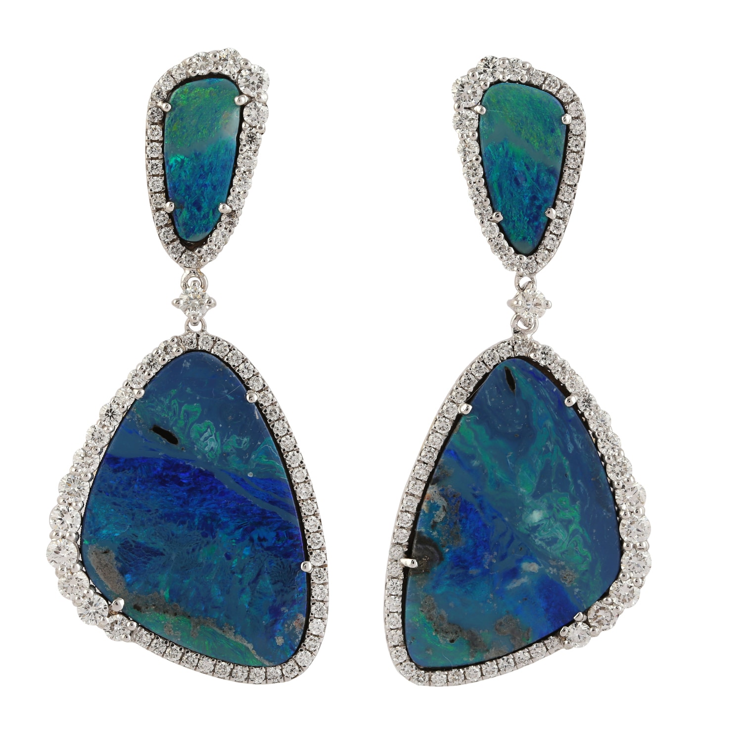 Women’s Blue / White Double Triangle Opal Doublet & Pave Diamond In 18K White Gold Dangle Earrings Artisan