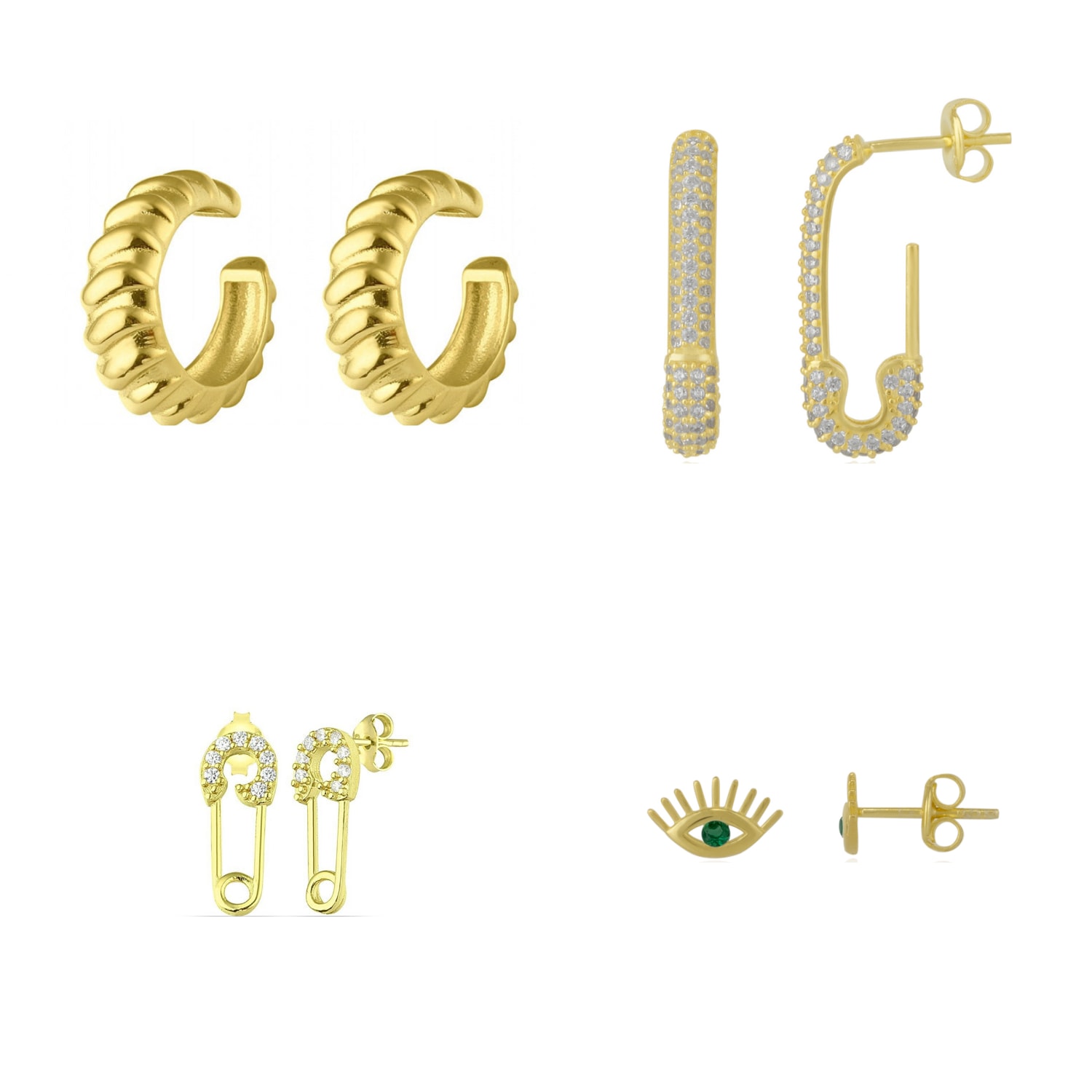 Spero London Women's Sterling Silver Safety Pin Stud Croissant Ear Cuff & Emerald Evil Eye Earring Set - Pair - G In Gold