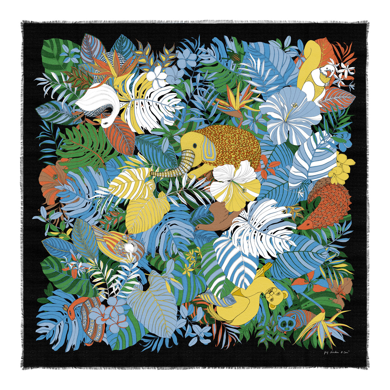 Women’s Cashmere Silk Tropical Scarf Pig, Chicken & Cow