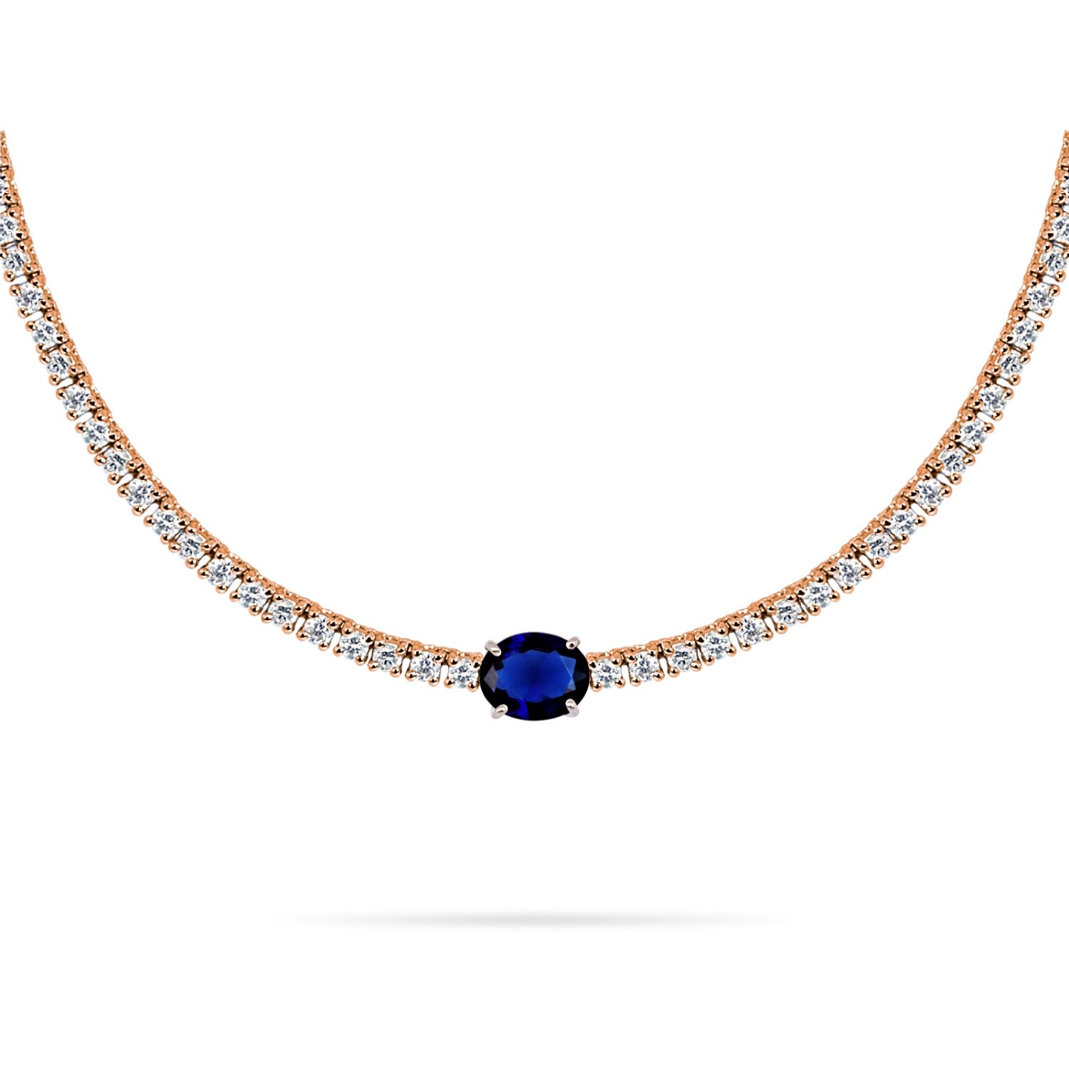 Women’s Choker Tennis Scarlett Oval Precious Stone Diamonds & 18K Rose Gold Blue Sapphire Aquae Jewels