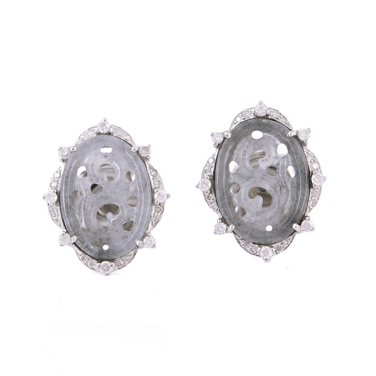 Artisan Women's White / Grey 18k White Gold Stud Earrings With Carved Jade & Diamonds In Gray