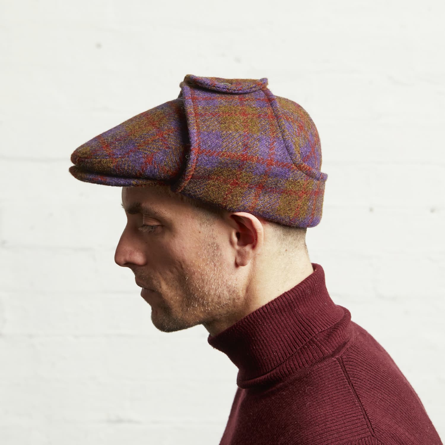 Logan Grape Tweed Wool Checks Italian Cap With Earflaps Trapper