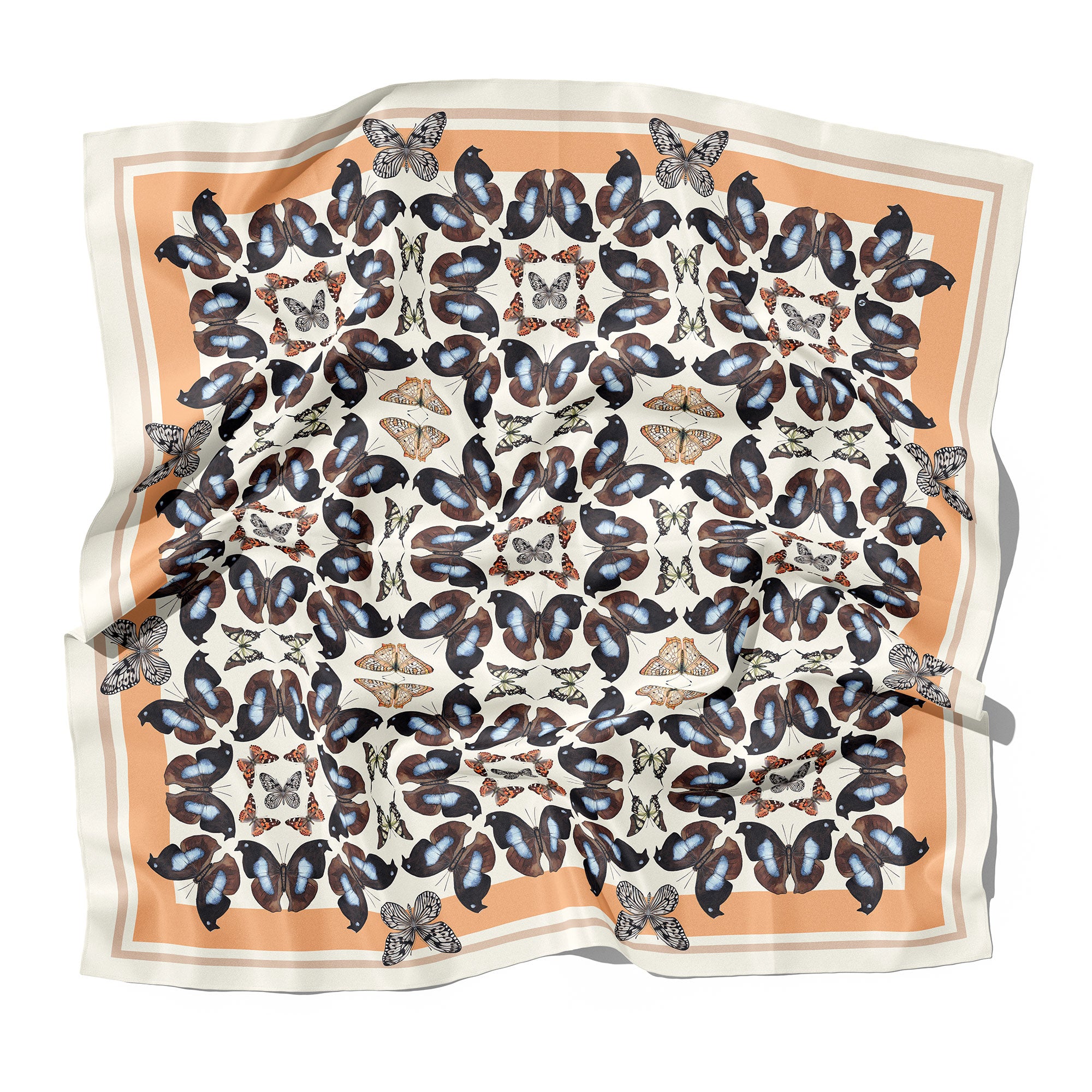 J6r6 Women's Neutrals / Brown "mosaic" Butterfly Large Square Silk Scarf - Cream, Peach, Blue & Brown