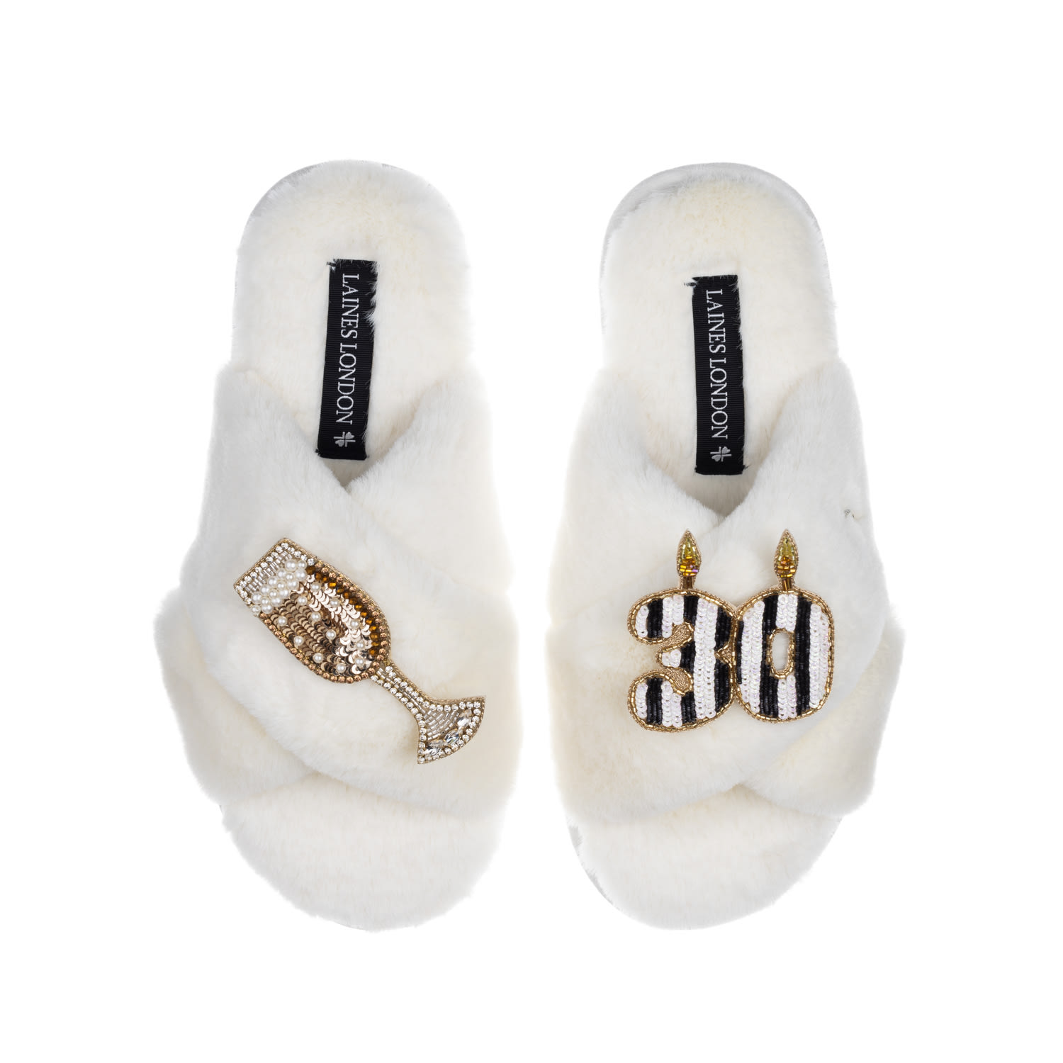 Laines London Women's White Classic Laines Slippers With Stripe 30th Birthday & Glass Of Champagne Brooches - Crea In White