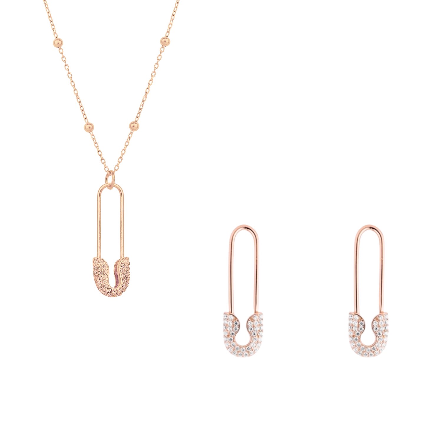 Women’s Sterling Silver Jewelled Safety Pin Necklace With Beaded Chain & Earring Set - Rose Gold Spero London