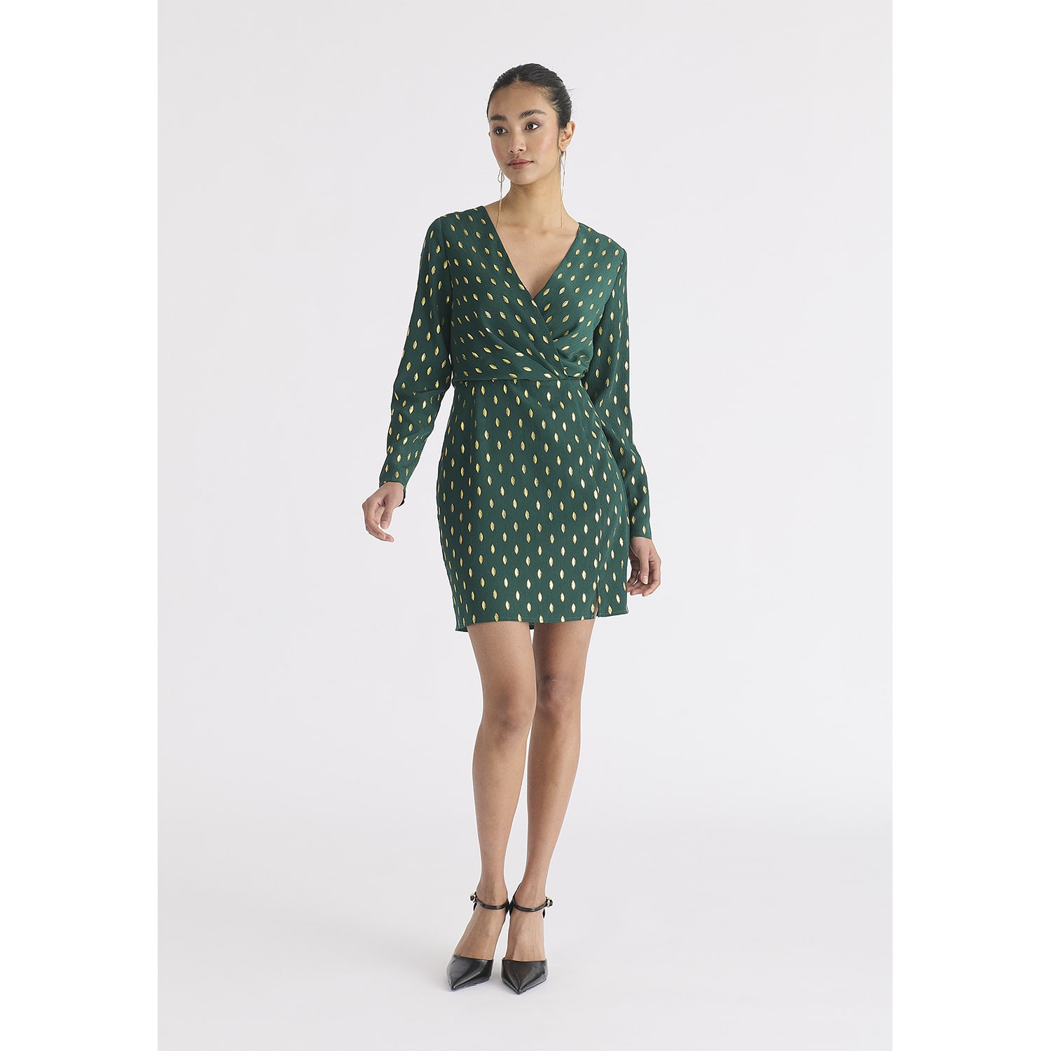 Gold Foil Print Mini Wrap Dress With Slit In Dark Green & Gold | PAISIE |  Wolf & Badger