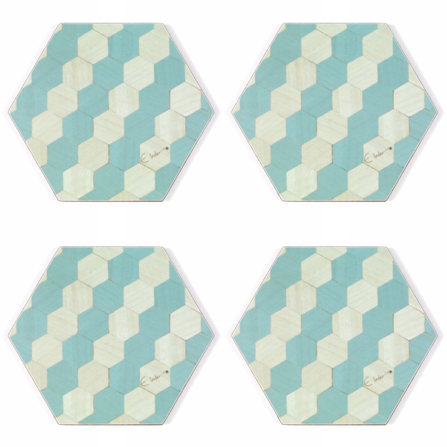 E. Inder Designs Blue Coaster Set Of Four. Hexagonal Scandinavian Design. Practical Heat Proof Melamine Surface.