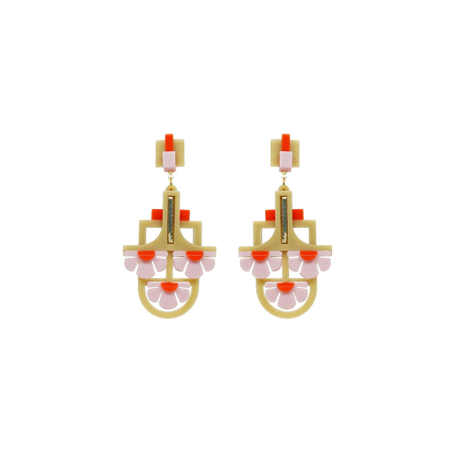 Gissa Bicalho Women's Neutrals Handmade Acrylic Earring Pendant Three Flowers Kahki / Pink