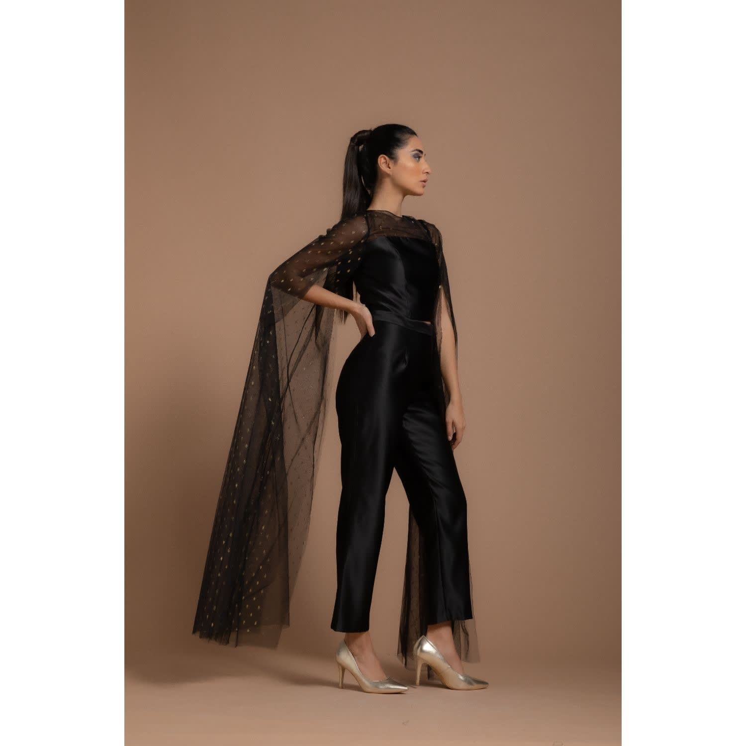 トップス LULA TULLE EMBROIDERY SWEAT TOPS AMERI Tulle Top with Oversized Sleeves - Black & Metallic Gold