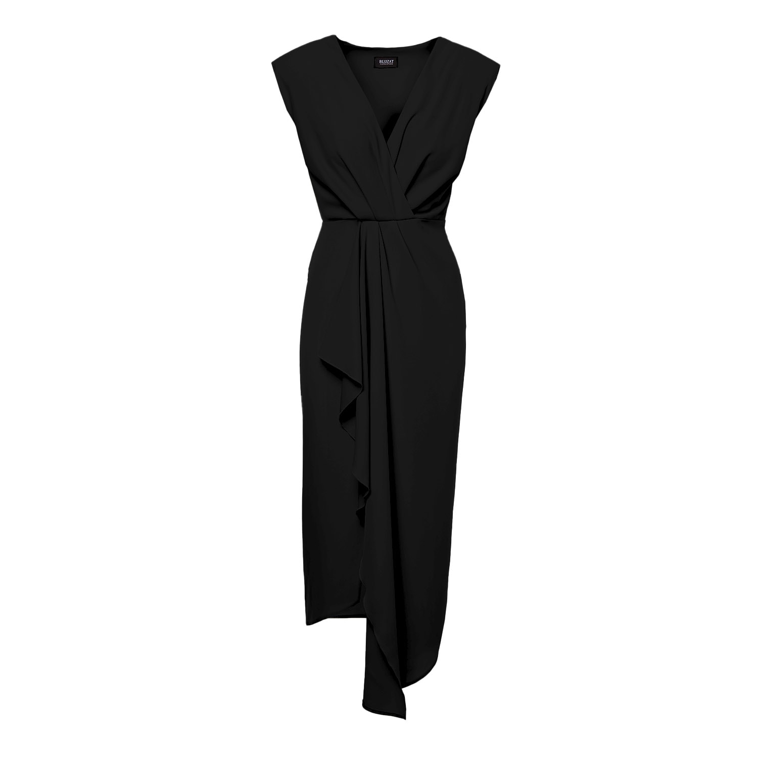 Bluzat Women's Midi Black Dress With Draping And Pleats In Black