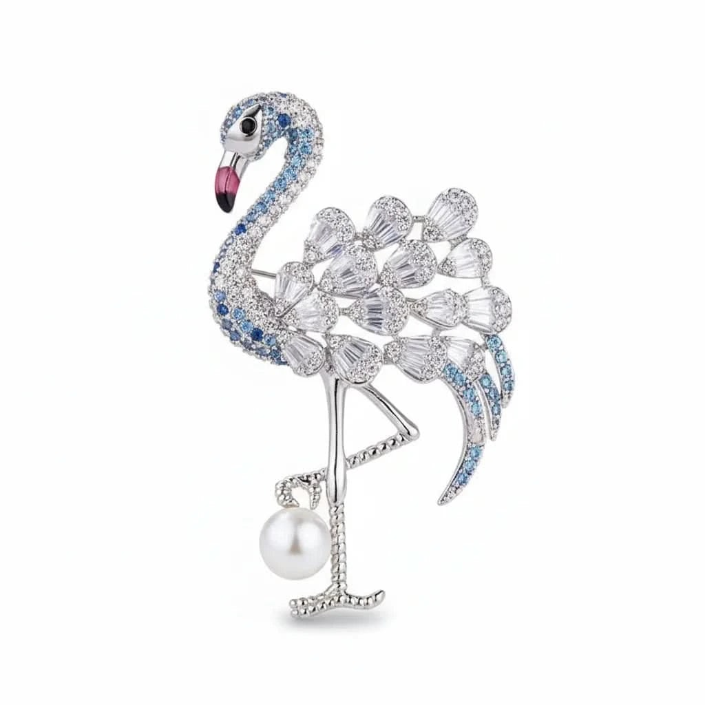 Women's Graceful Flamingo Freshwater Pearl Brooch - Silver | Angel Barocco