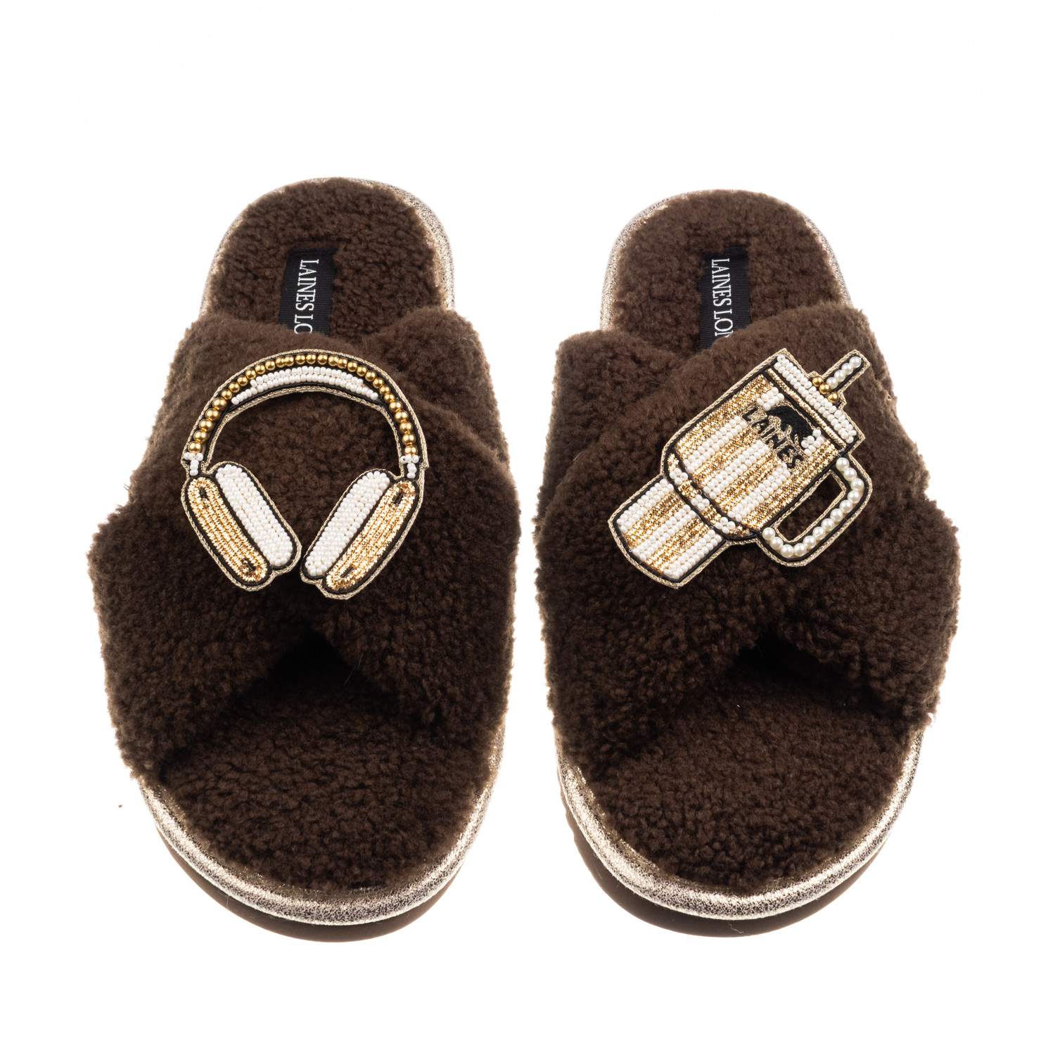 Laines London Women's Brown / Neutrals Laines Neutral Boucle Slippers With Headphones & Quencher Brooches - Chocol In Brown