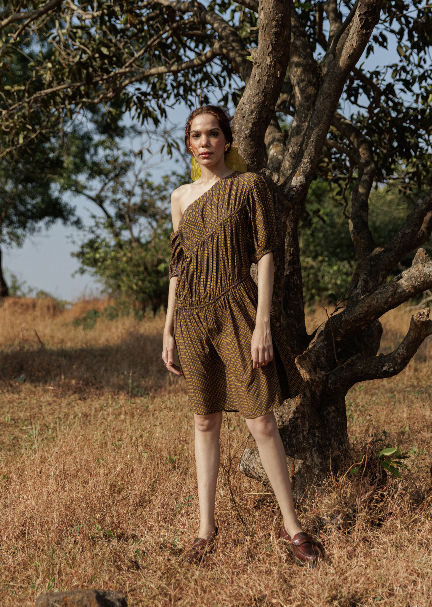 Women's Brown / Yellow Ochre Bloom Midi Dress | Large | Maison Qala