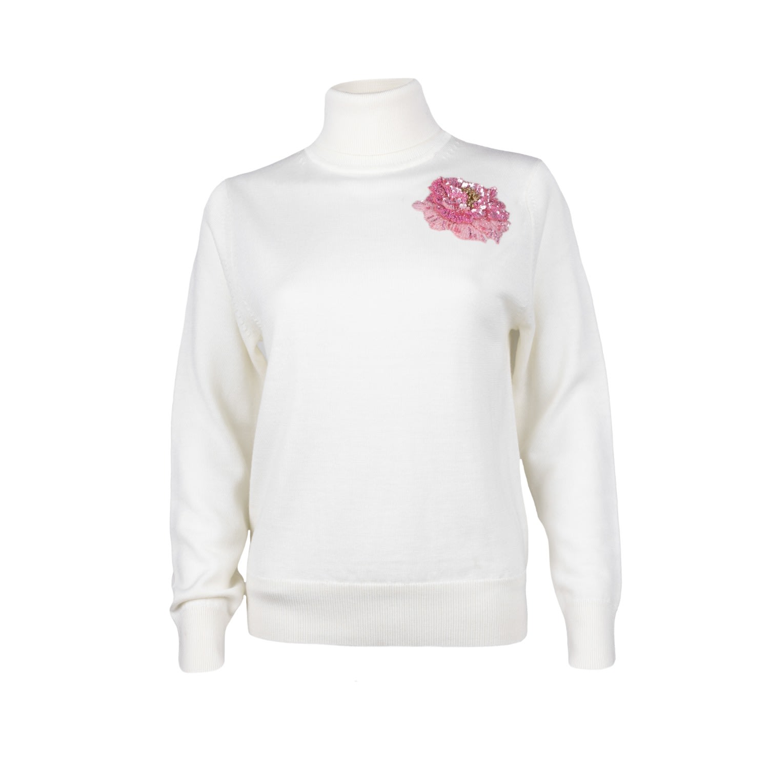 Women’s White Laines Couture Pink Peony Embellished Knitted Roll Neck Jumper - Cream Small Laines London