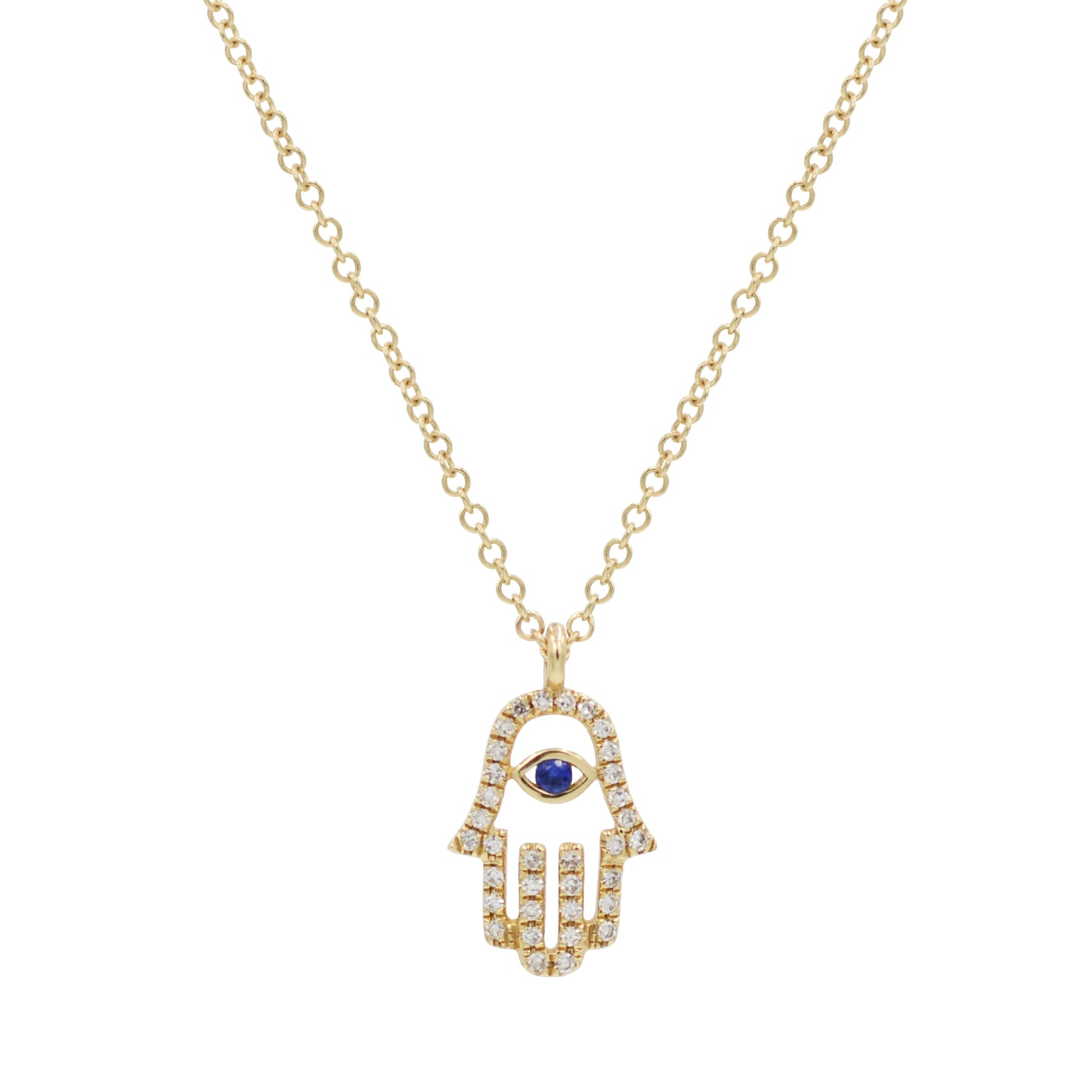 Kamaria Women's Diamond Hamsa Hand Necklace With Blue Sapphire In Blue