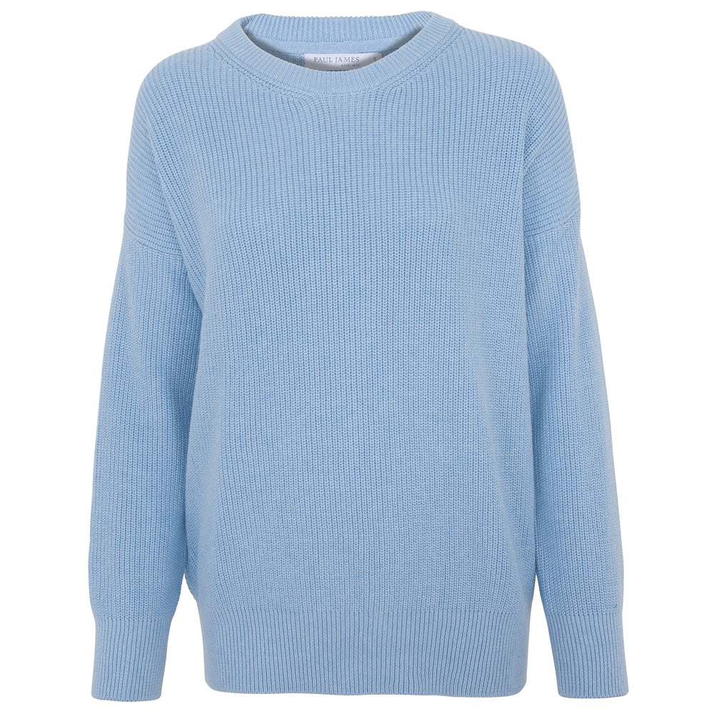 Womens Cotton Ribbed Crew Neck Tiffany Jumper - Baby Blue Small Paul James Knitwear