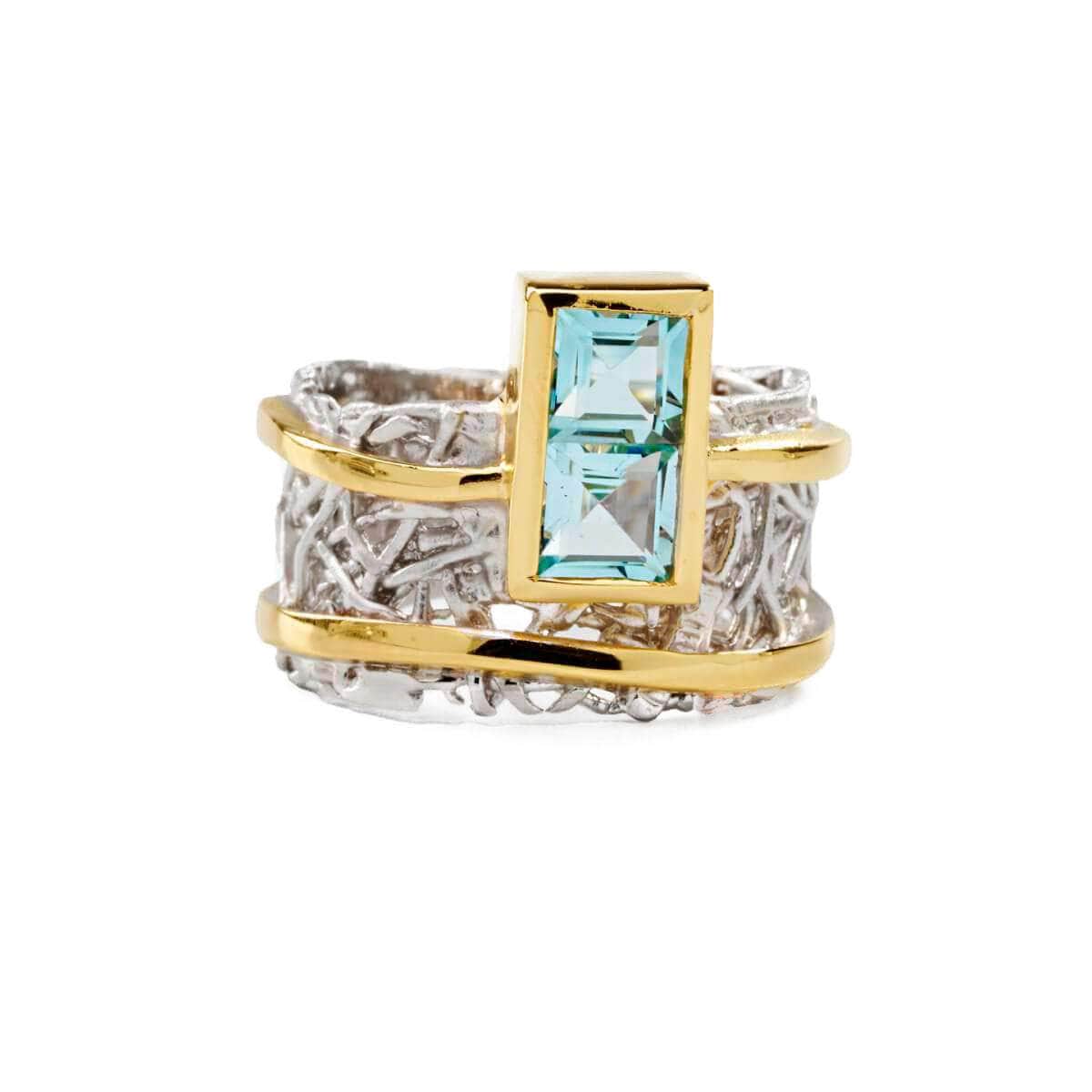 German Kabirski Women's Gold / Blue / Silver Verina Rhodium And Gold Plated Silver Ring With Princess Cut Blue Topaz In Gold/blue/silver
