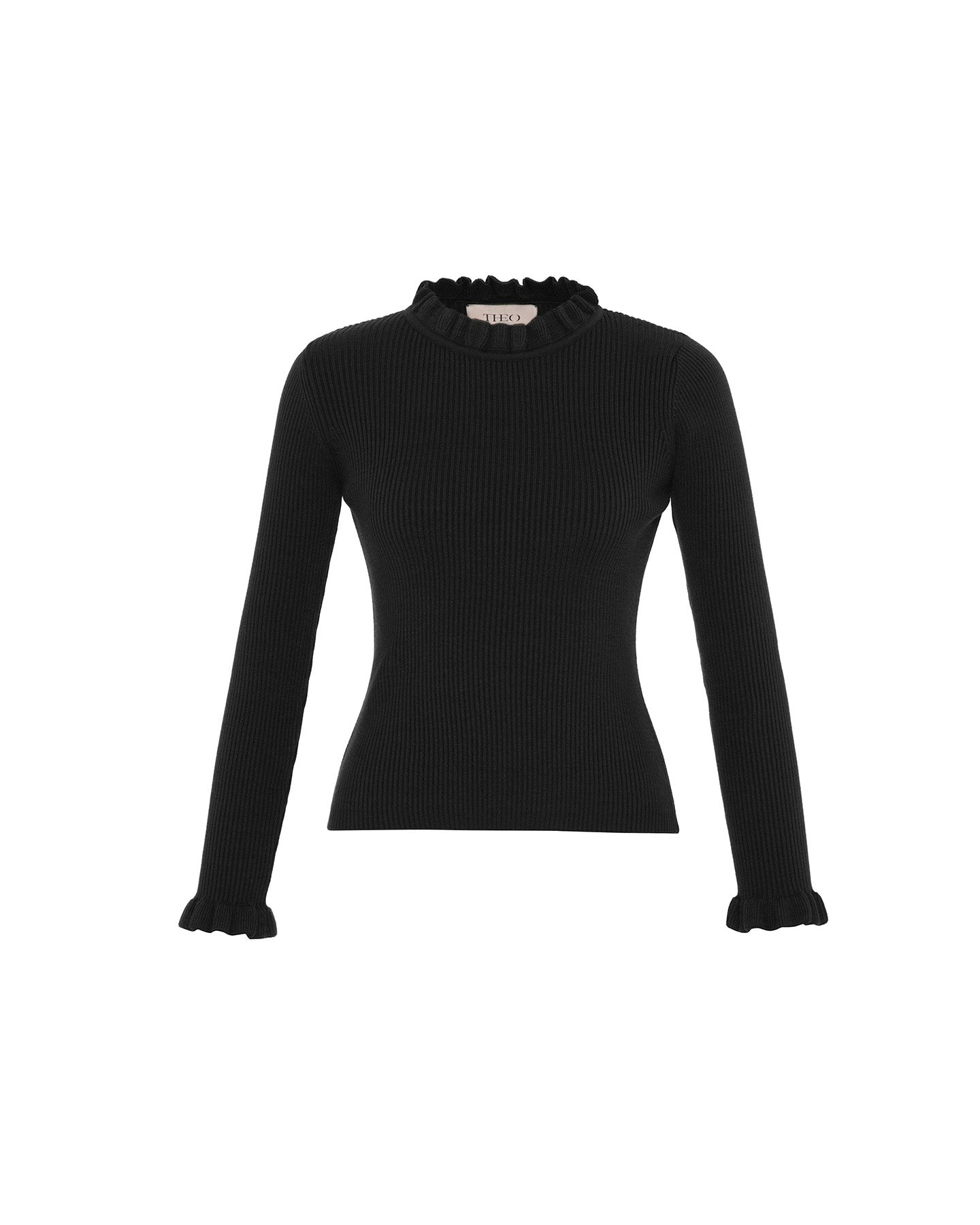 Theo The Label Women's Pallas Rib Knit Ruffle Neck Sweater - Black In Black