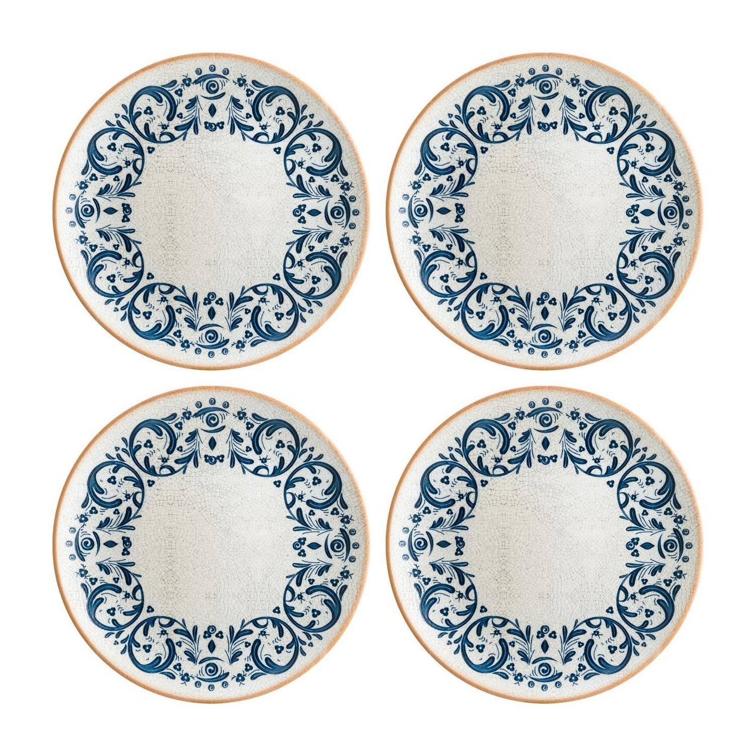 Turgla Home Blue / White Viento Round Decorated Porcelain Dinner, Entree Plate Set Of Four