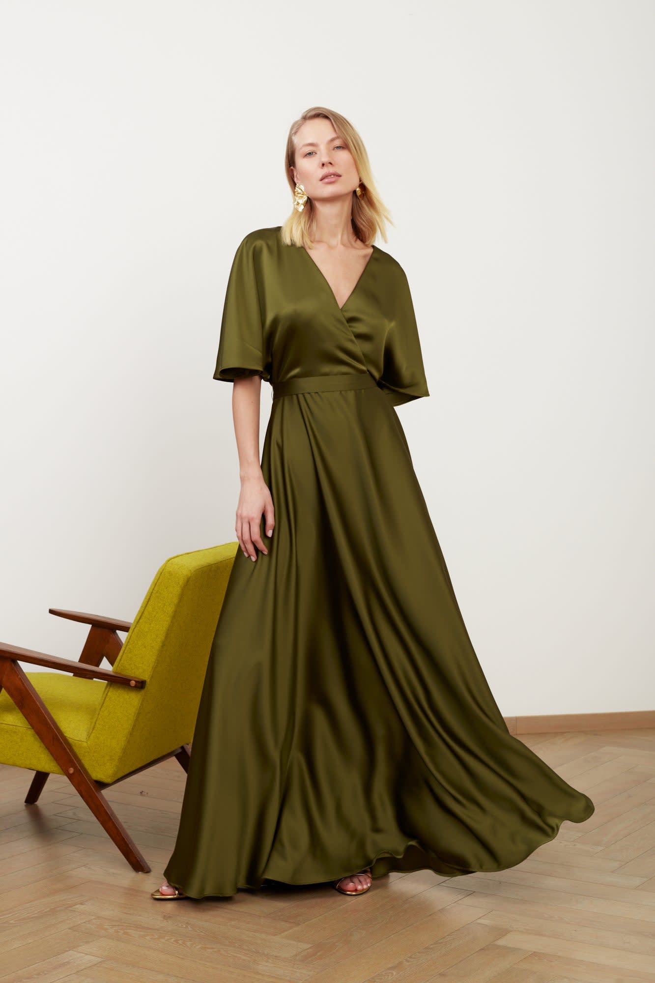 Solene Olive Green Satin Long Dress For Wedding Guest UNDRESS