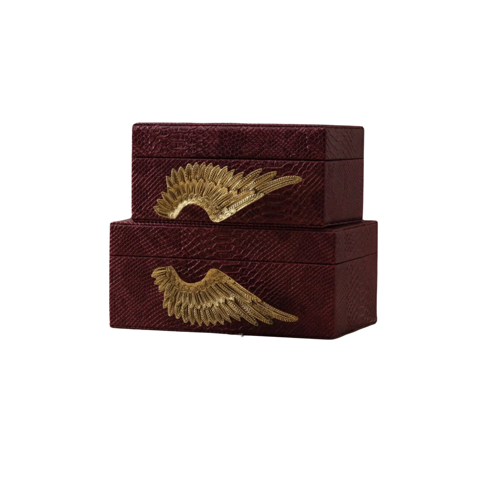 Marleth Women's Gold / Red Burgundy Leather Storage Box Set With Brass Wing Handles, Set Of Two