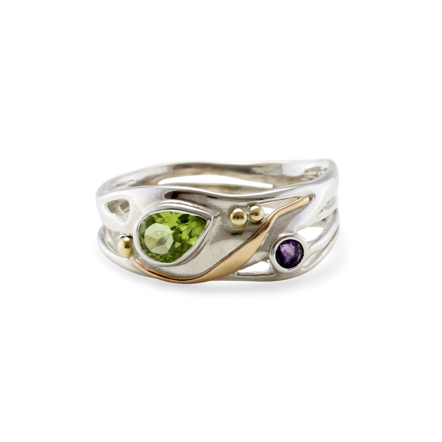 Isla Silver Women's Green / Pink / Purple Sterling Silver Peridot & Amethyst Ring