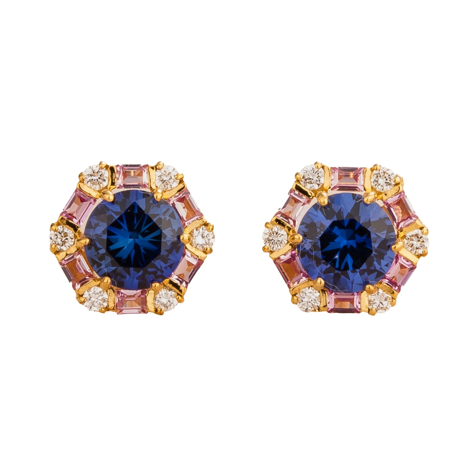 Juvetti Women's Blue / Pink / Purple Melba Gold Earrings Blue Sapphires, Pink Sapphire & Diamond