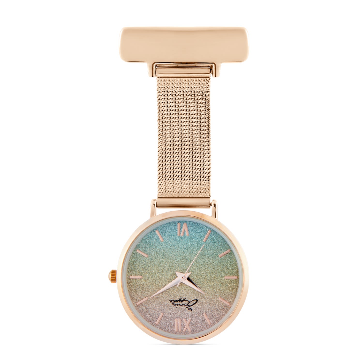 Women’s Annie Apple Glitter Rainbow/Rose Gold Mesh Nurse Fob Watch Bermuda Watch Company