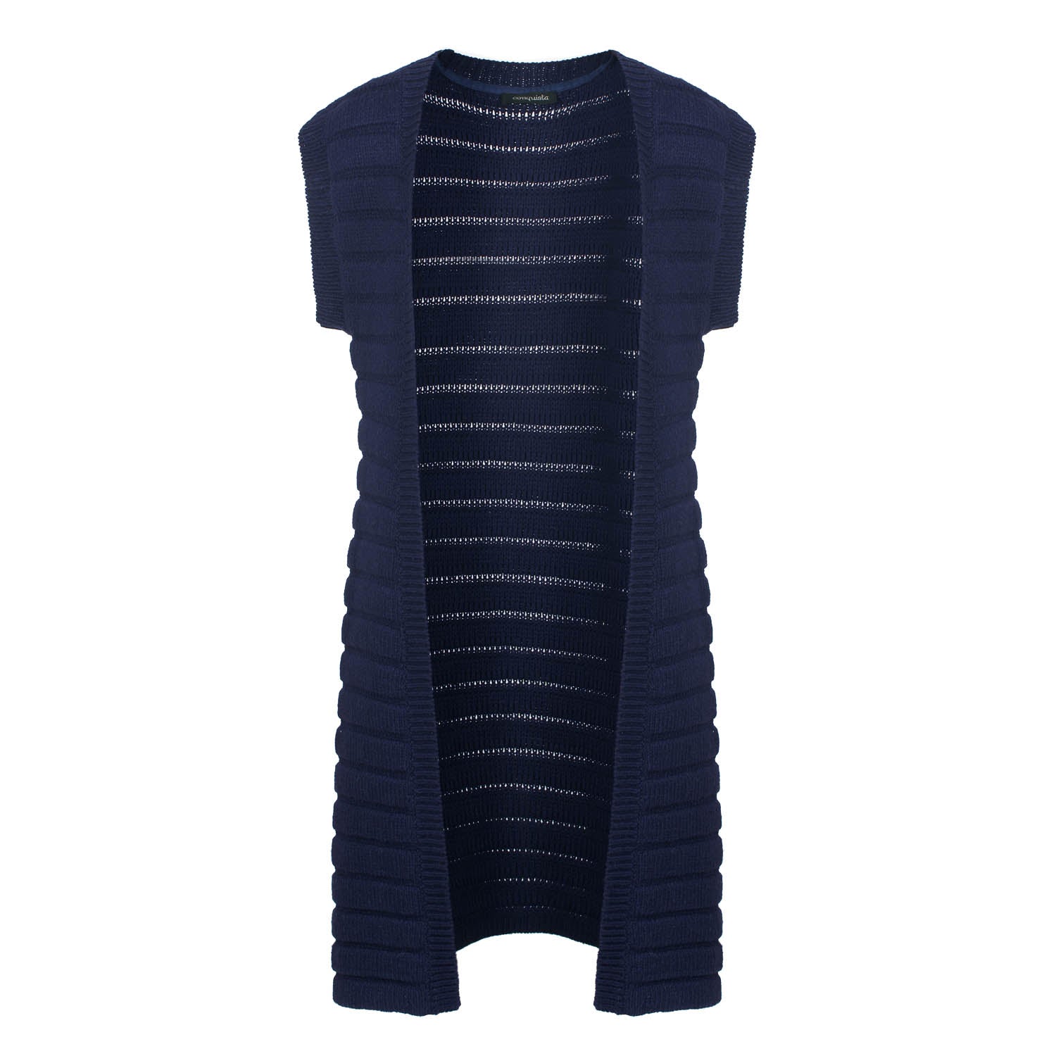 Women’s Blue Sleeveless Mid-Length Jacquard Stripe Knit Open Cardigan Small Conquista