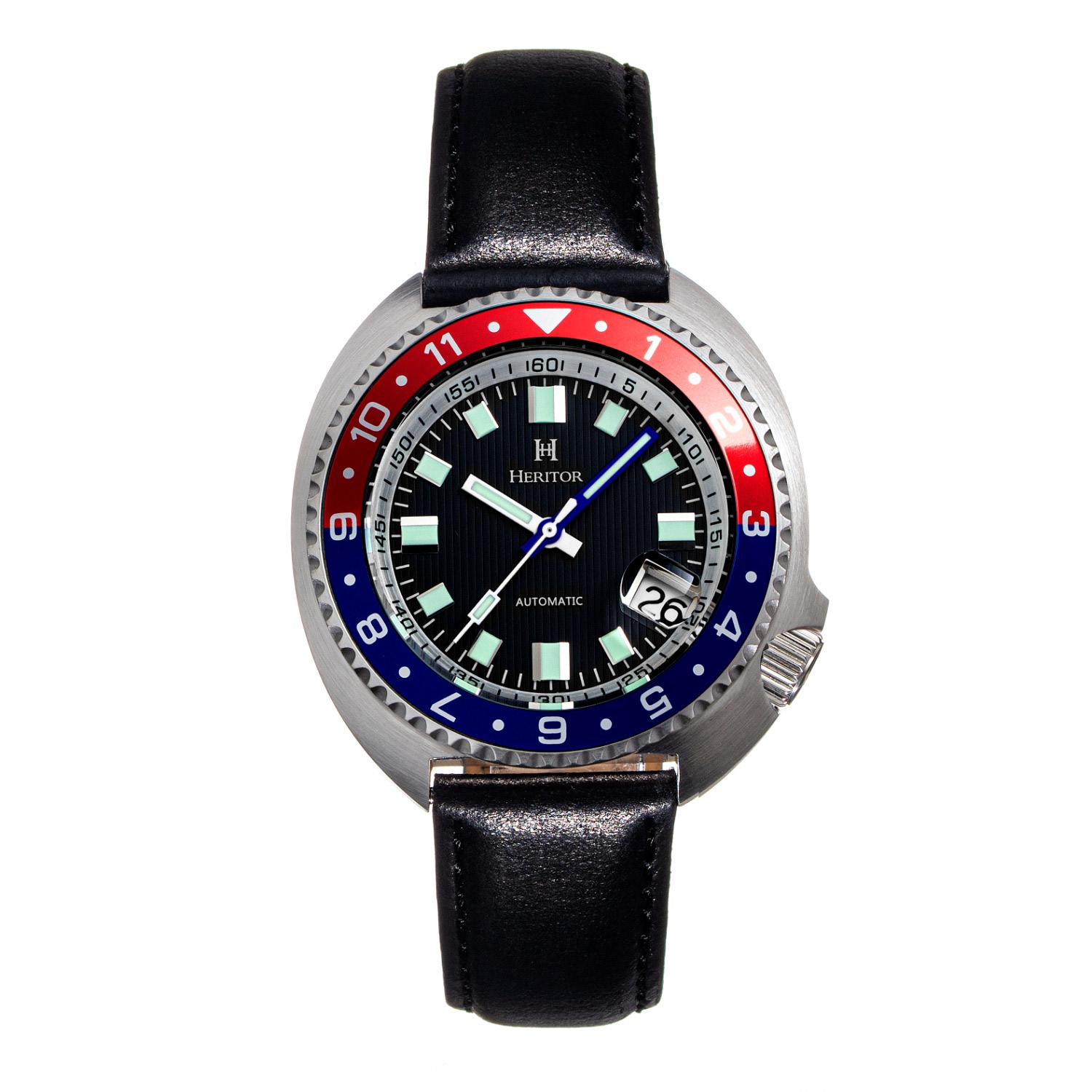 Men’s Black / Blue / Red Pierce Leather-Band Watch With Magnified Date - Black, Blue, Red One Size Heritor Automatic