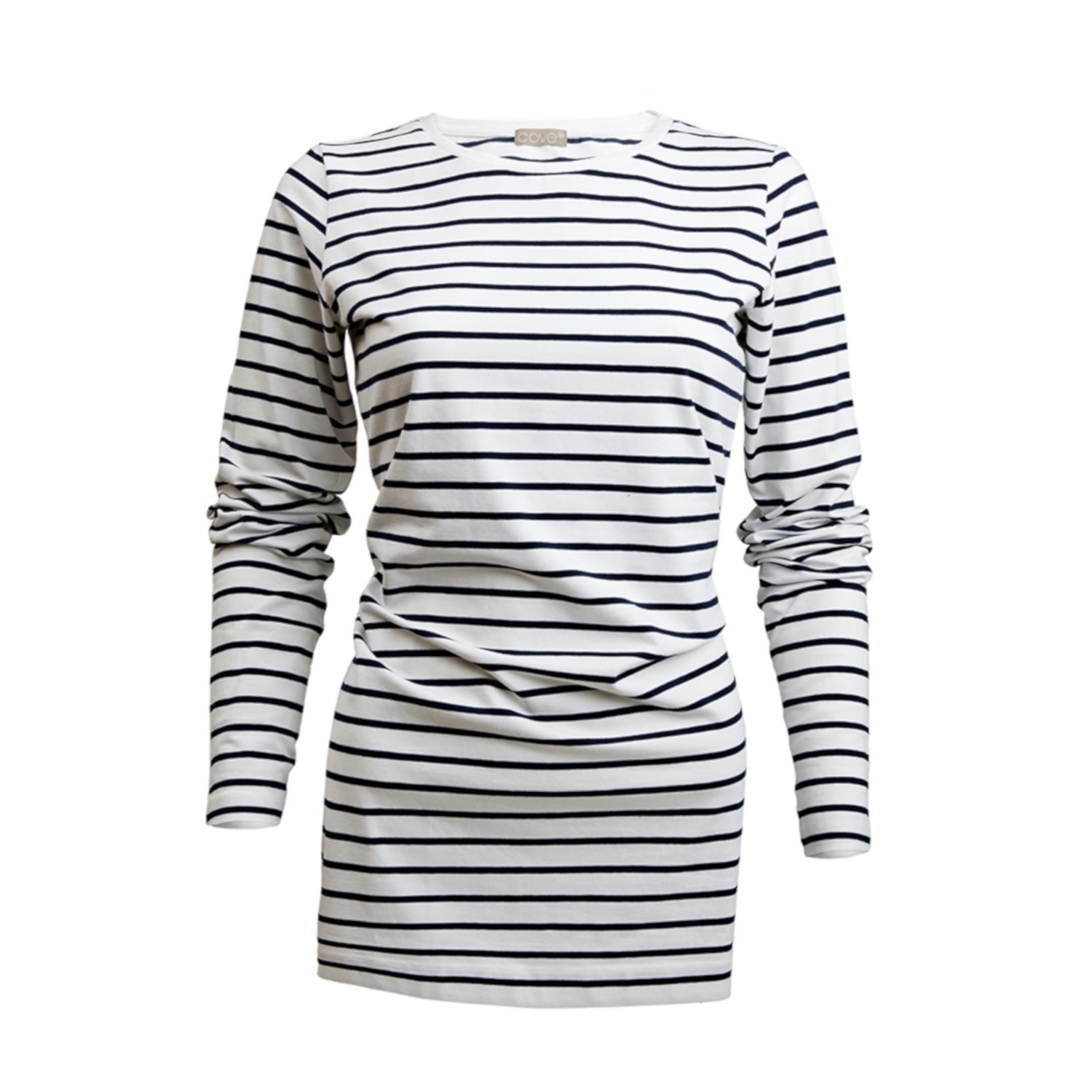 Women’s White Long Length Cotton Ivory & Navy Stripe Tee Medium Cove