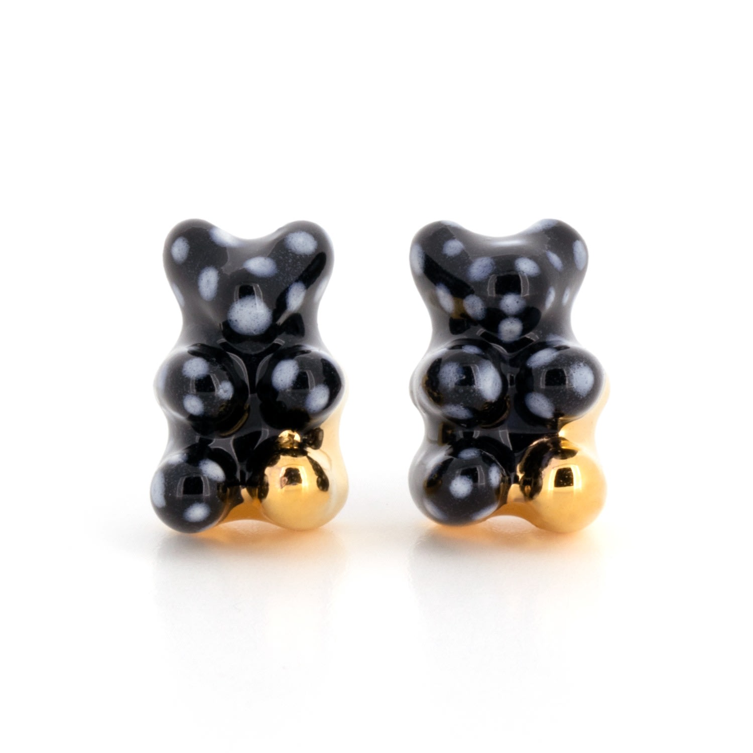 Women’s Gummy Bear Stud Earrings - Black Polka Dot Gold Dipped Cj314