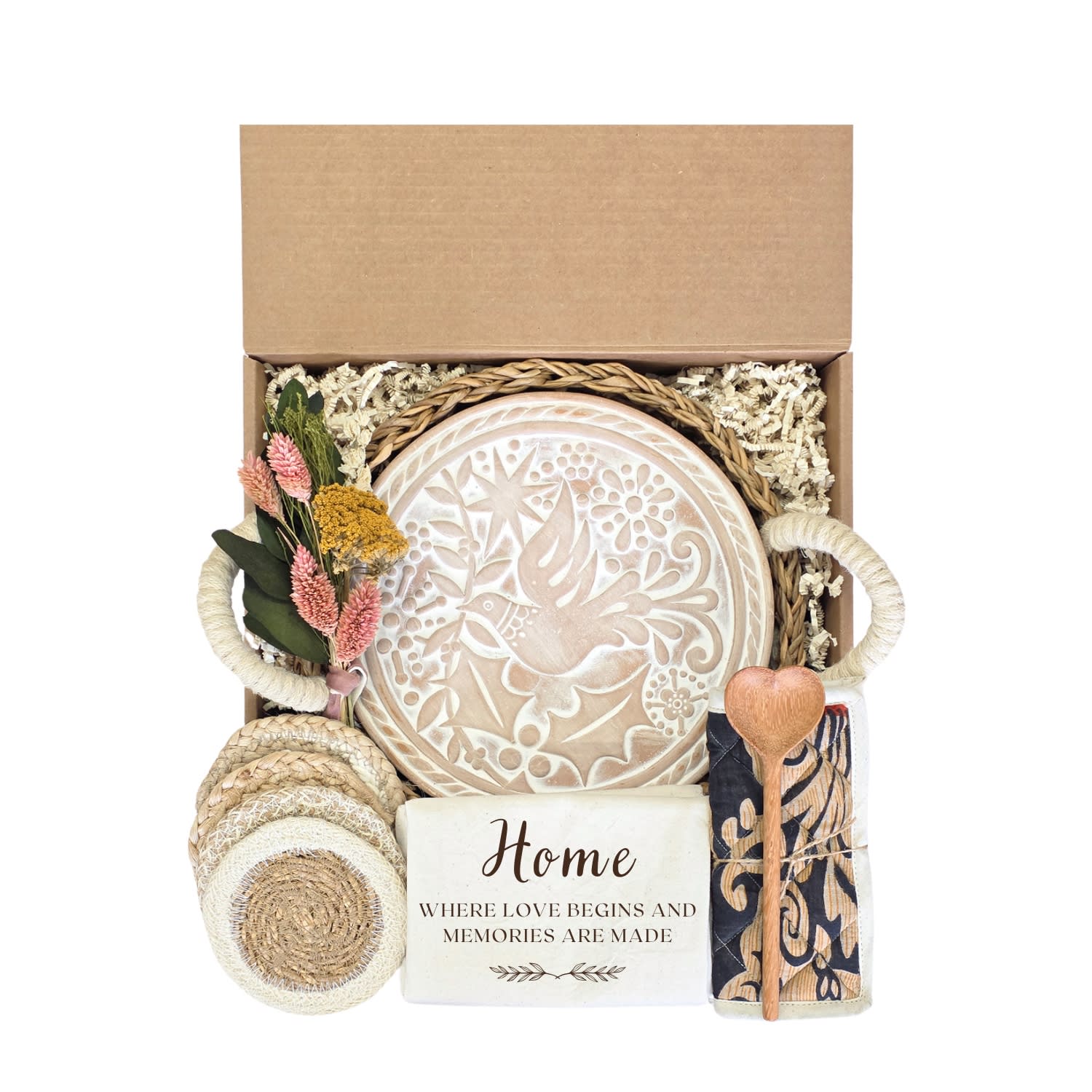 Korissa Neutrals Bread Warmer Gift Box With Pot Holder, Tea Towel And Spoon - Bird Round