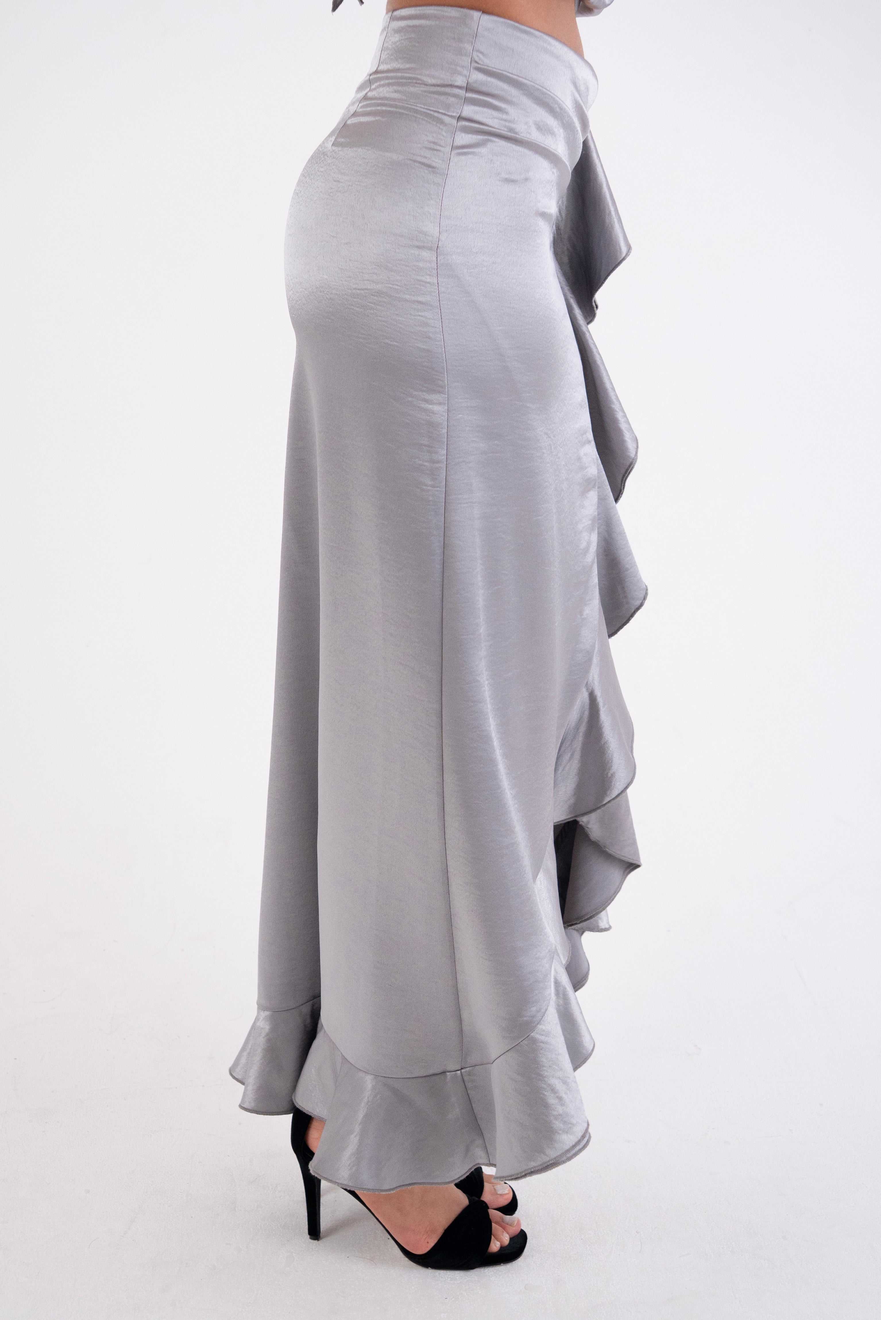 Susie Silver Satin Ruffle Maxi Skirt | AMY LYNN | Wolf & Badger