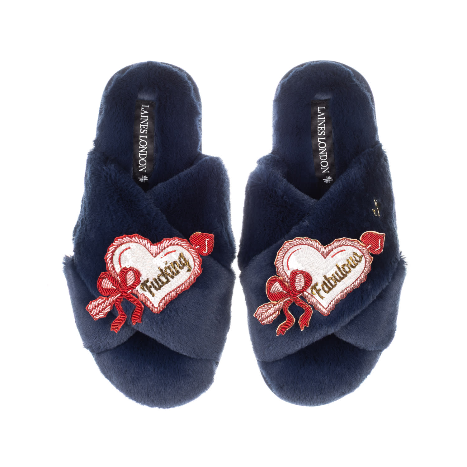 Women's Blue Classic Laines Slippers With Fucking Fabulous Hearts Brooches - Navy | Medium | Laines London