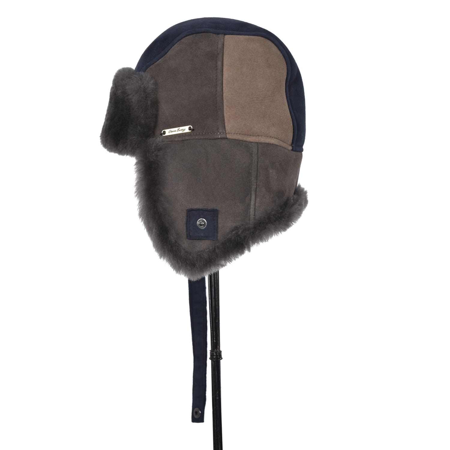Owen Barry Men's Blue Sheepskin Trapper Cromita Grey Navy Patchwork In Blue