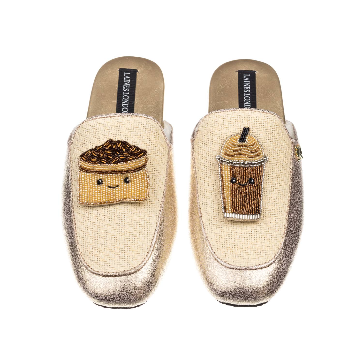 Laines London Women's Gold / Neutrals Classic Mules With Laines Loveables Coffee Beans & Frappe Brooches - Cream & In Gold