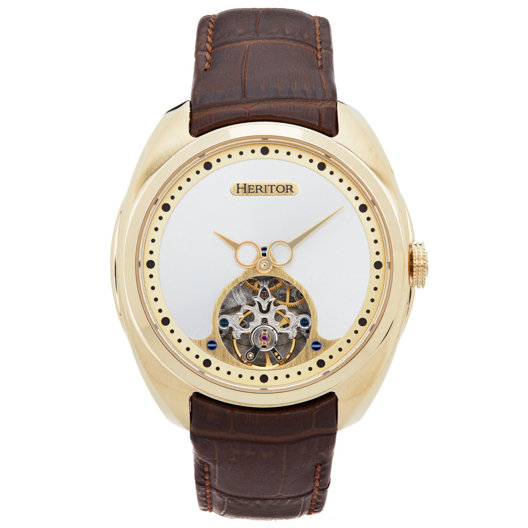 Men’s Roman Semi-Skeleton Leather-Band Watch - Gold One Size Heritor Automatic