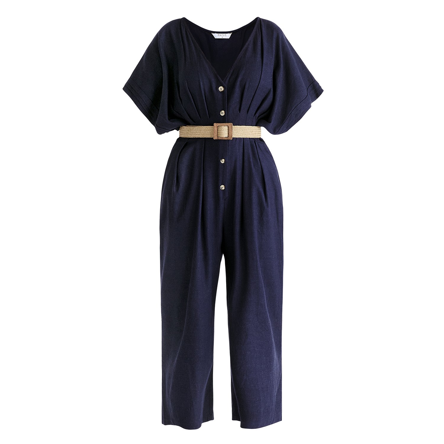 Paisie Women's Blue Linen Blend Button Jumpsuit In Navy